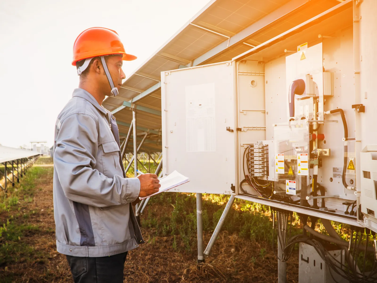 Technician in orange helmet inspecting electrical control panel at a solar power farm during sunset.
