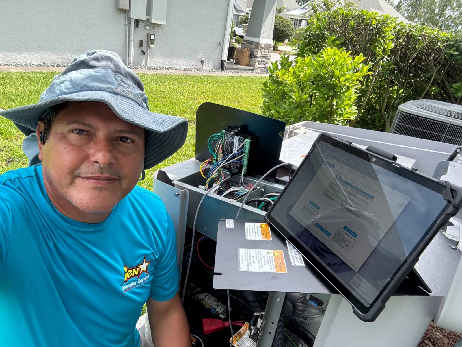 Technician from GenStar using a tablet to service home standby generator equipment outdoors in a residential area.