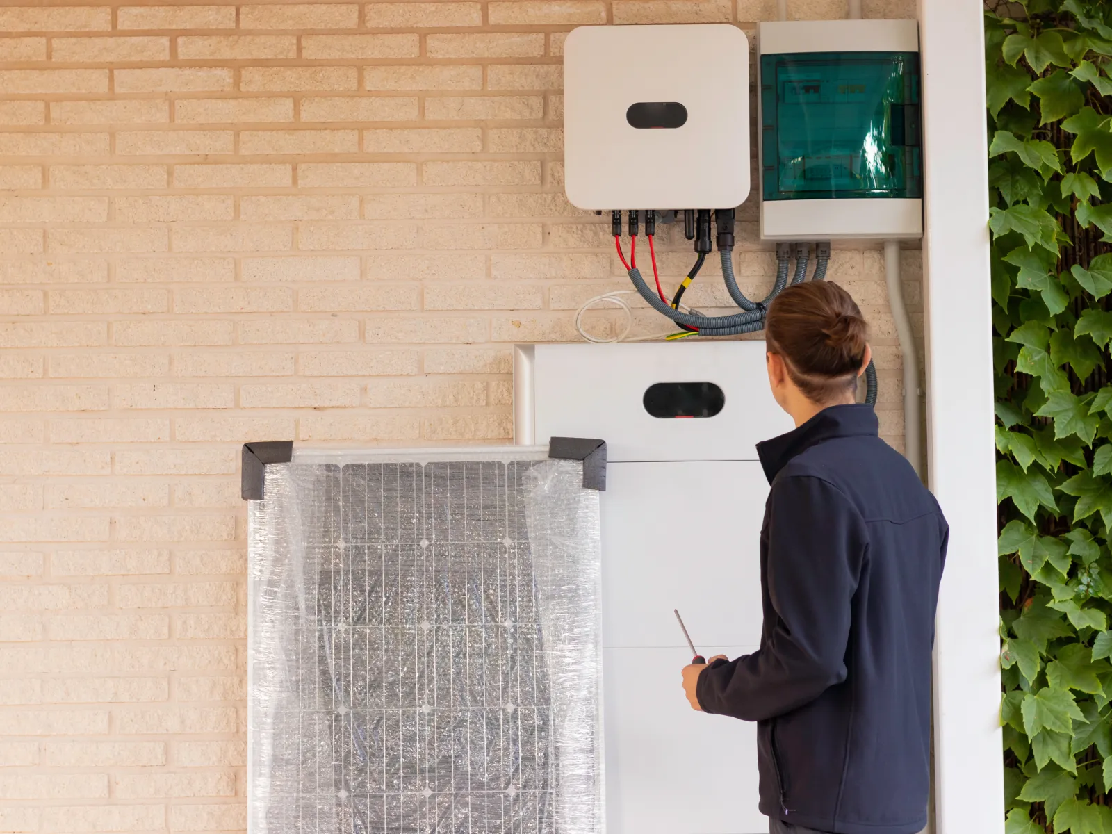 Installation of solar energy equipment with a technician examining the setup.