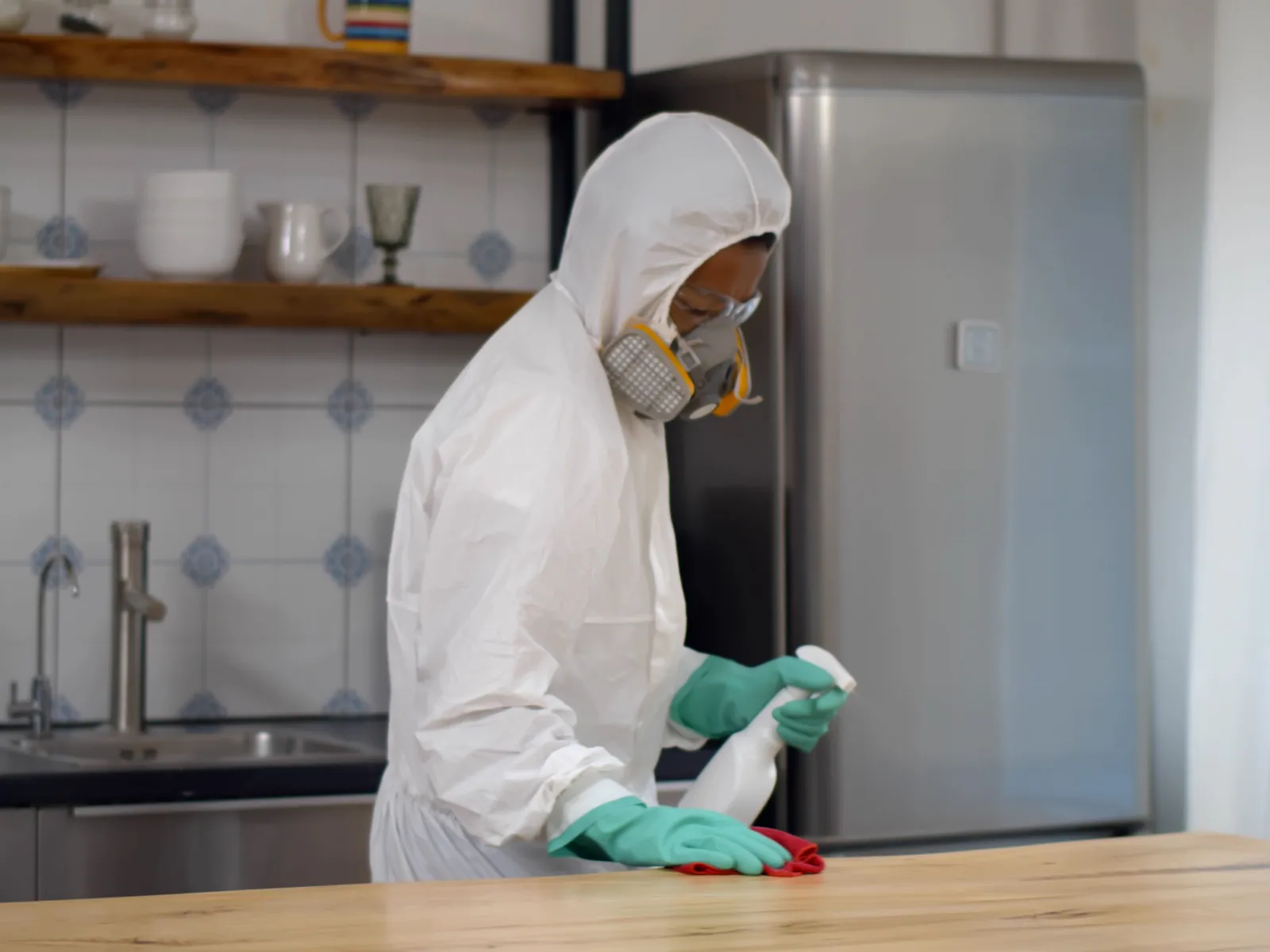 a person wearing a mask and gloves