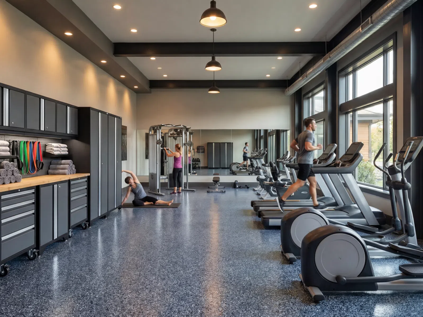 Modern gym with treadmills, exercise machines, storage cabinets, and people working out near large windows.
