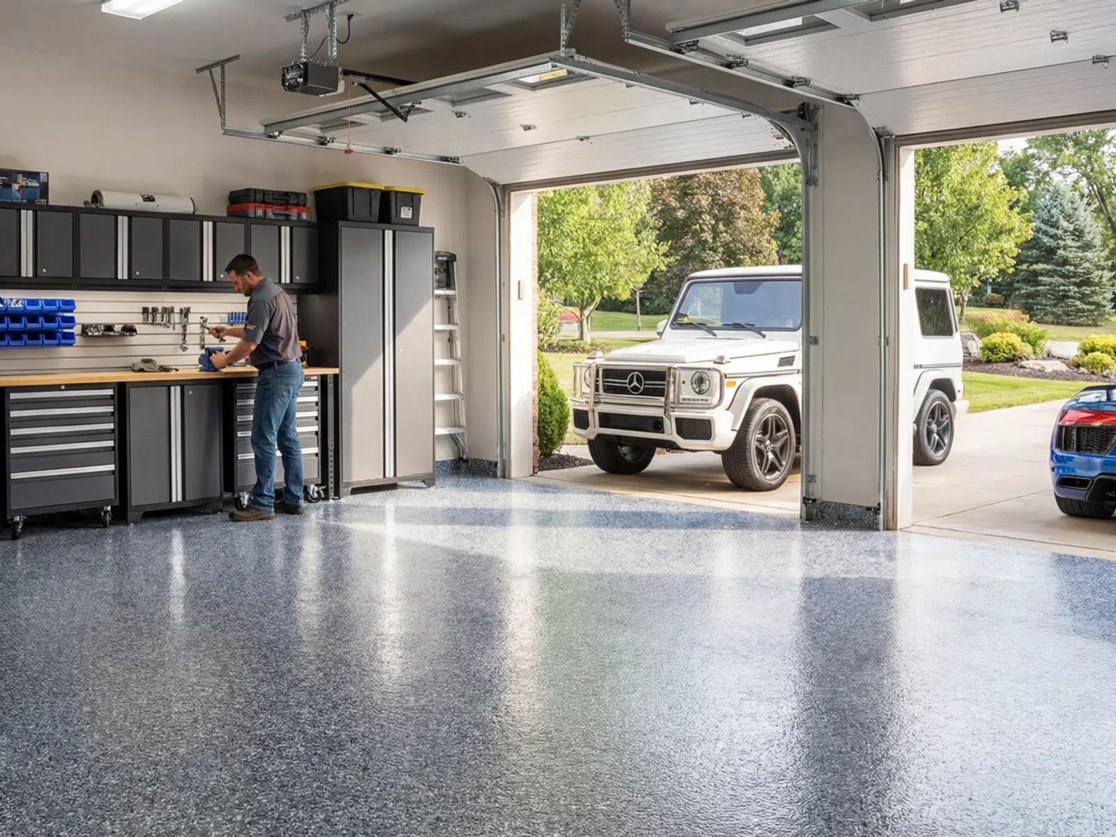 Man working on tools in a clean garage with epoxy floor and luxury cars parked outside on driveway.
