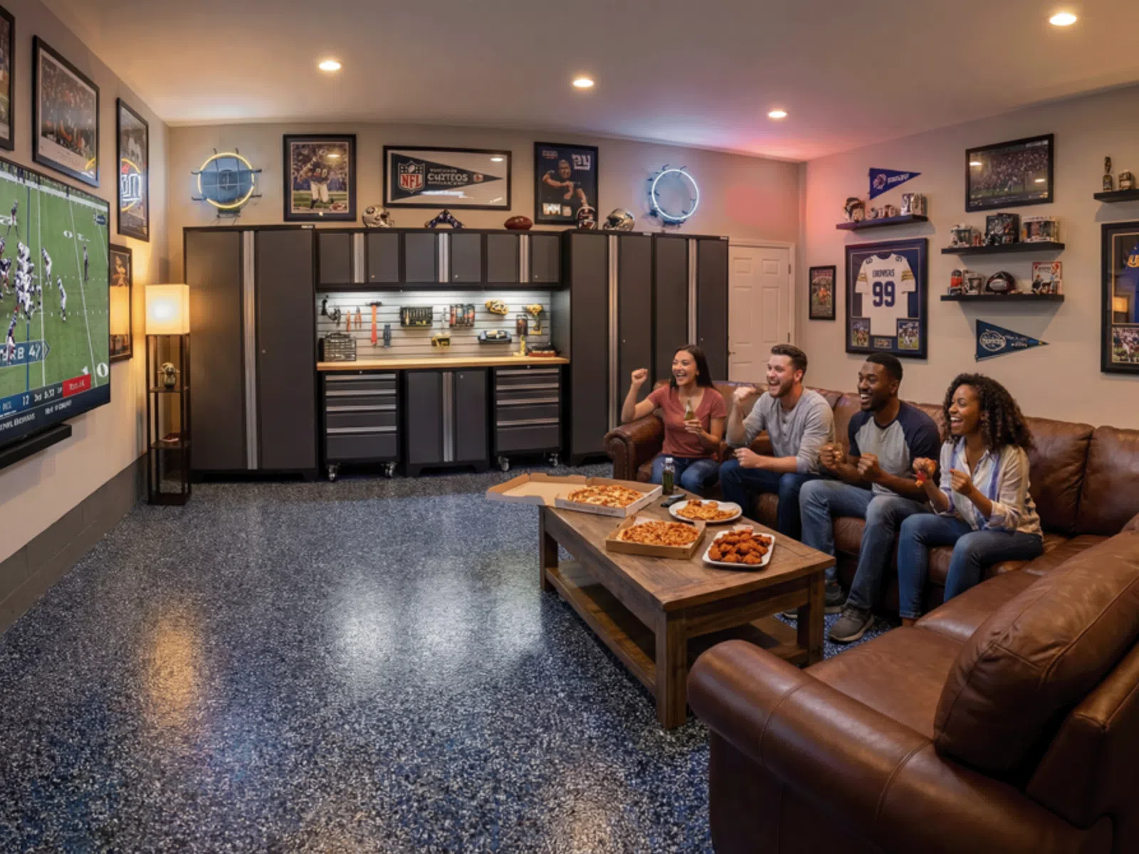 Four friends cheer watching football on a large wall-mounted TV in a modern sports-themed basement room with pizza and wings.