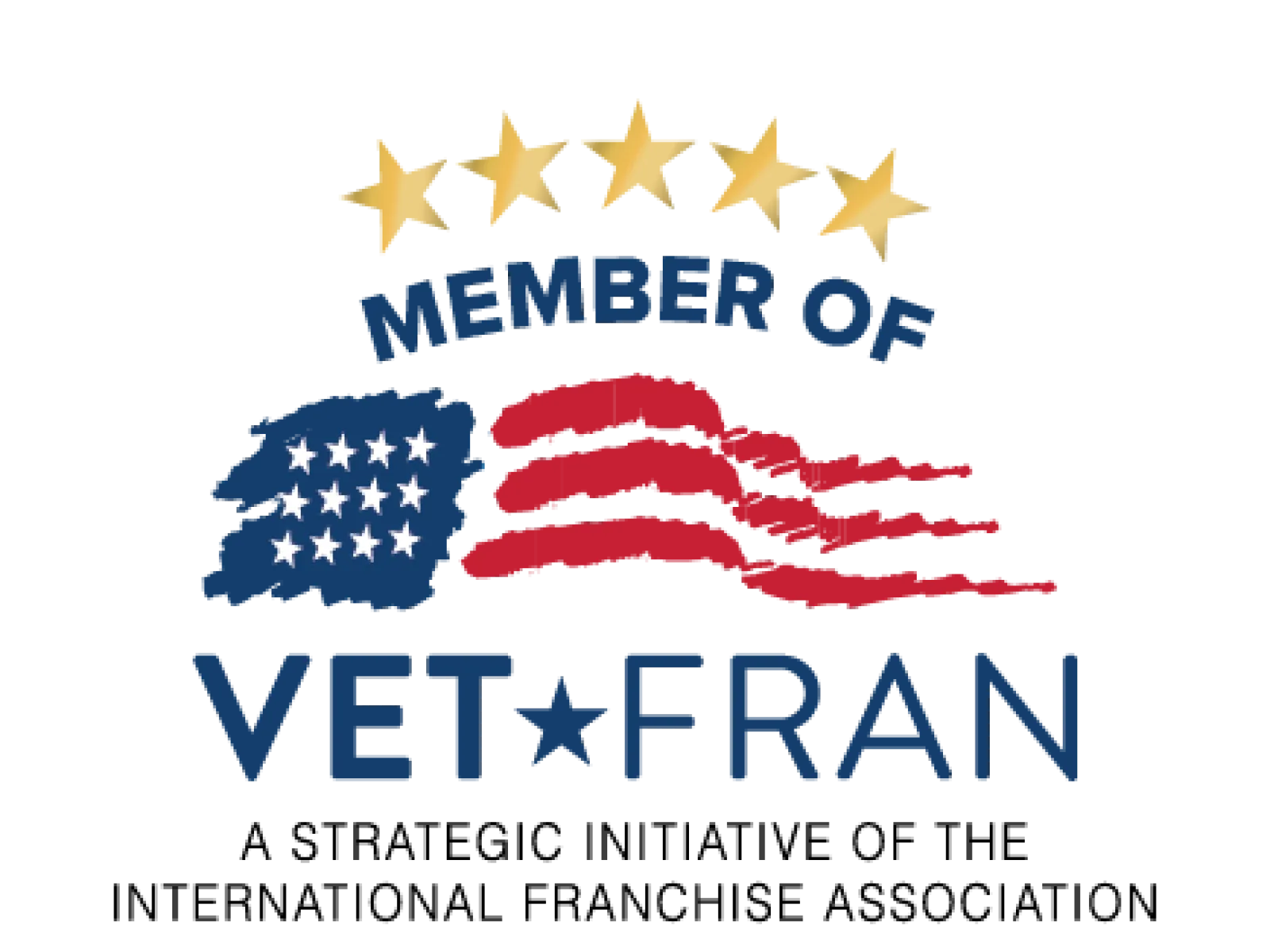 Logo with five gold stars, stylized American flag, and text 'Member of VetFran' in red and blue.