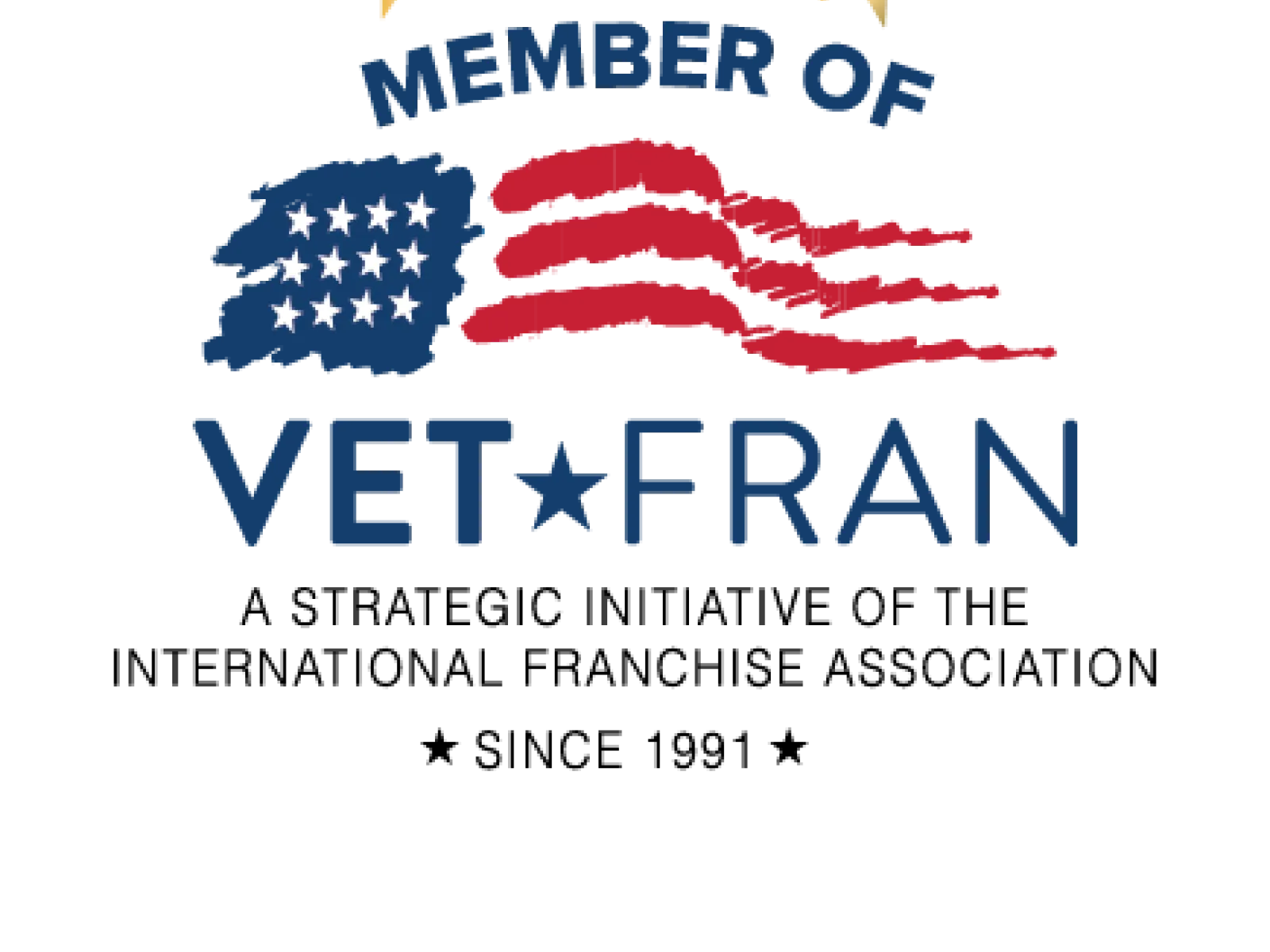Logo with American flag elements and five gold stars above text reading Member of VetFran.