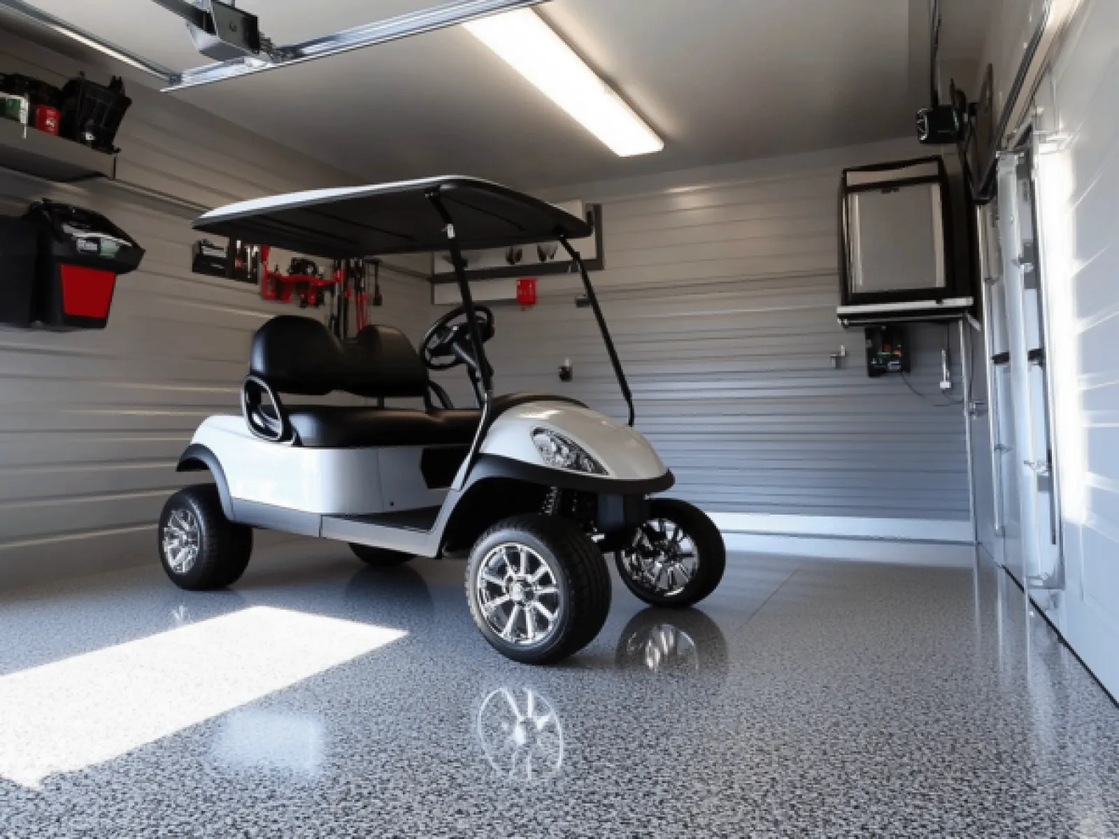 White golf cart with black seats parked inside a clean, well-lit garage with organized storage.