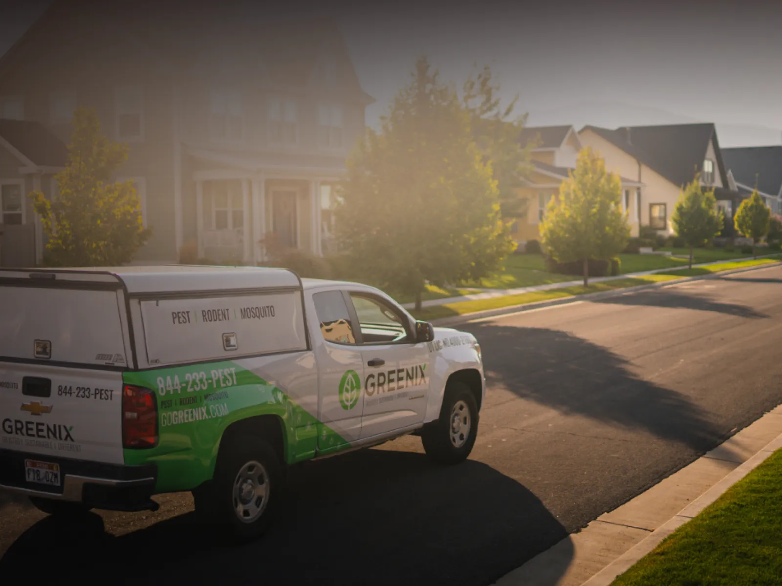 Greenix pest control truck parked on a sunny suburban street near residential houses with trees.