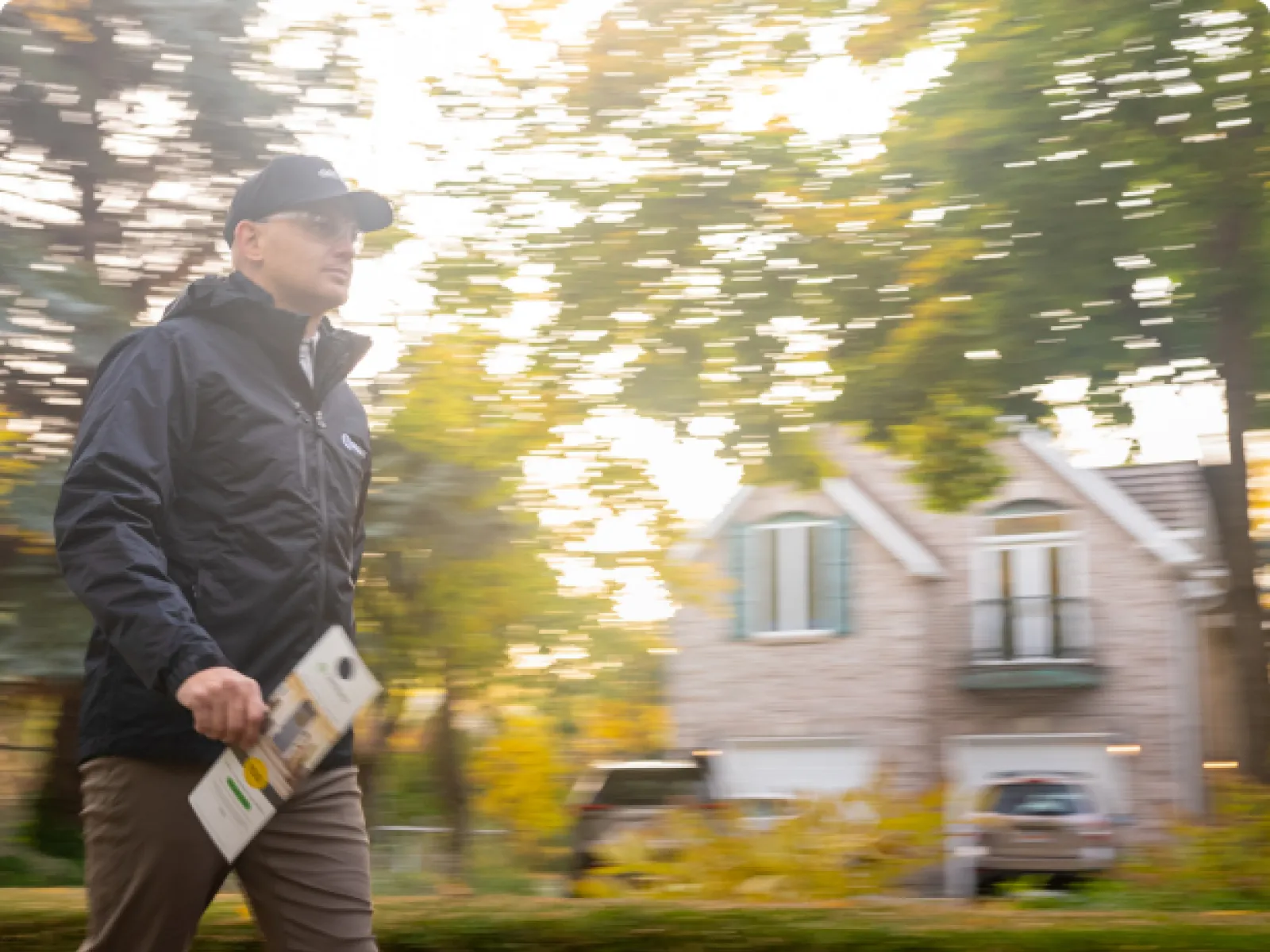 Man in black jacket and cap walking in a suburban neighborhood holding brochures during daytime.