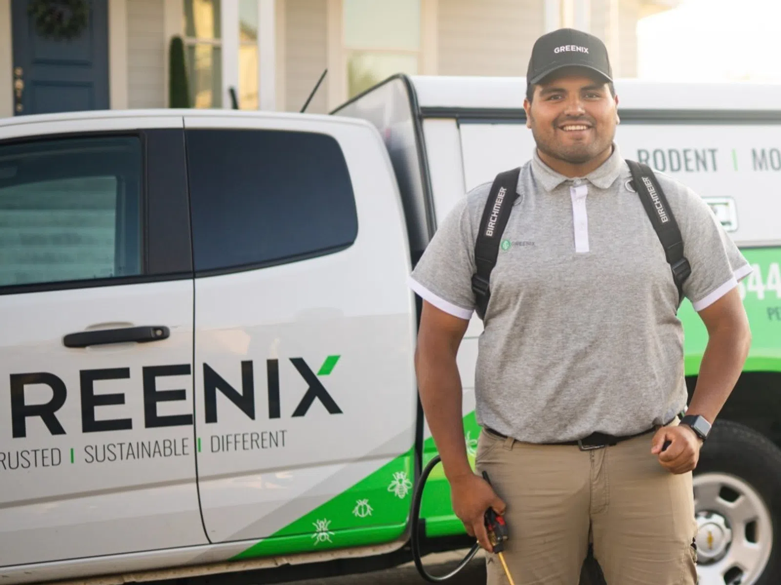 Smiling pest control technician in uniform with equipment standing next to Greenix service vehicle.