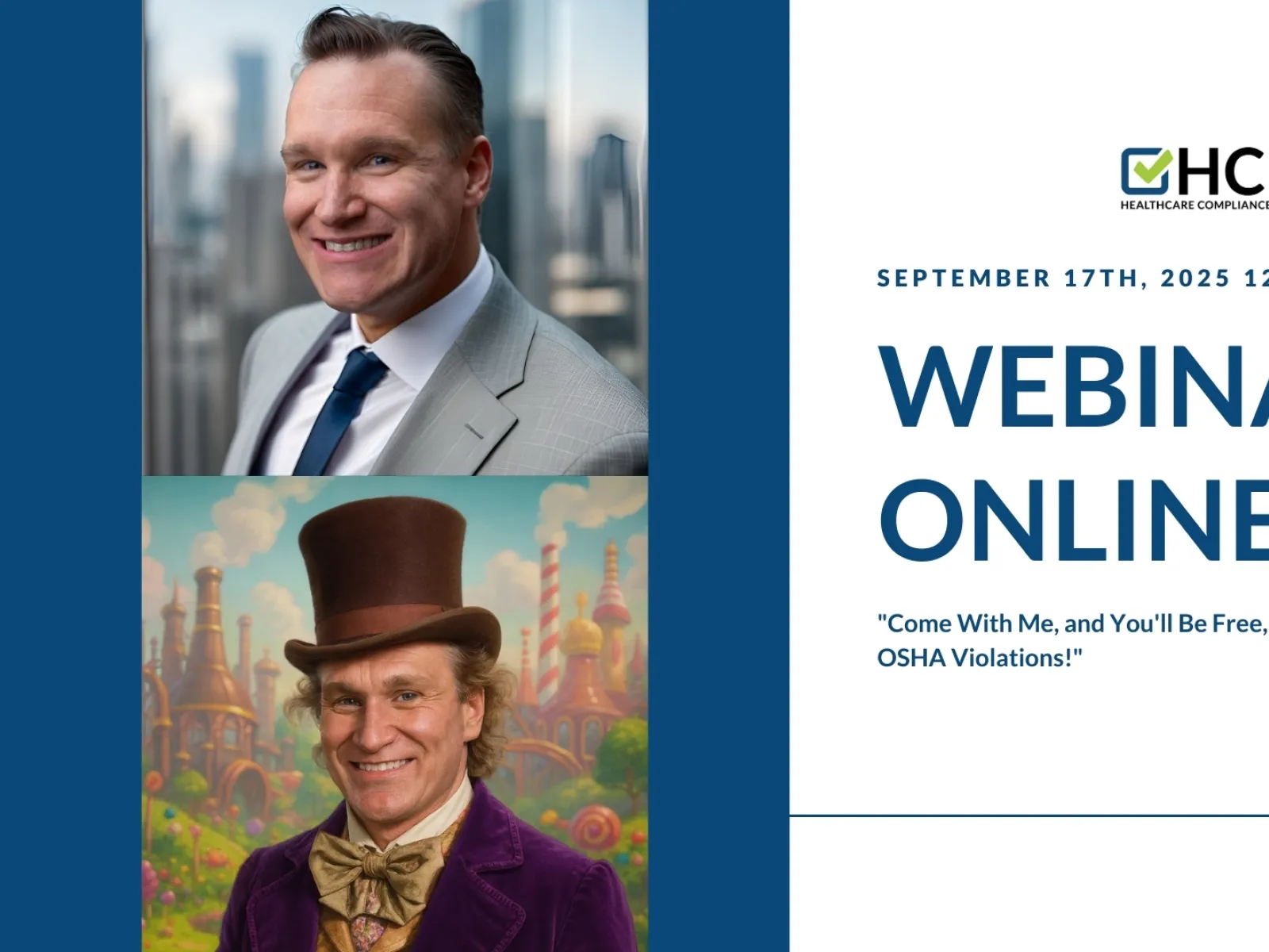 Healthcare Compliance Pros webinar on OSHA violations featuring a speaker in business and Willy Wonka attire.