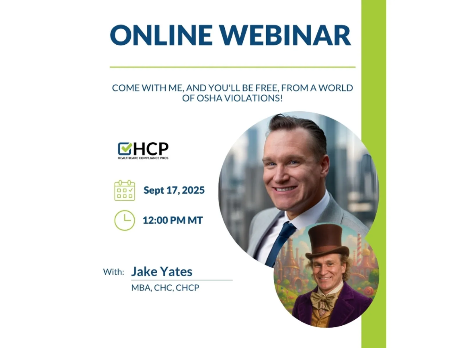 Online webinar promotion for OSHA compliance with Jake Yates on Sept 17, 2025, at 12 PM MT, featuring professional headshots.