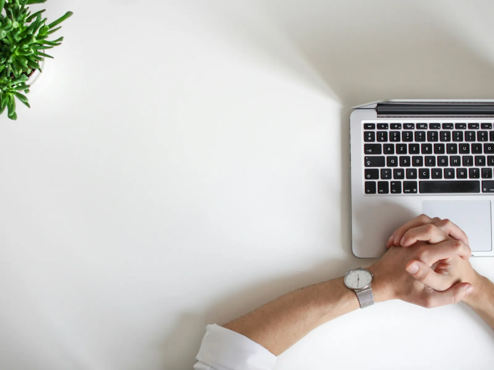 Overhead view of a person with folded hands at a laptop on a clean white desk with a small green plant.