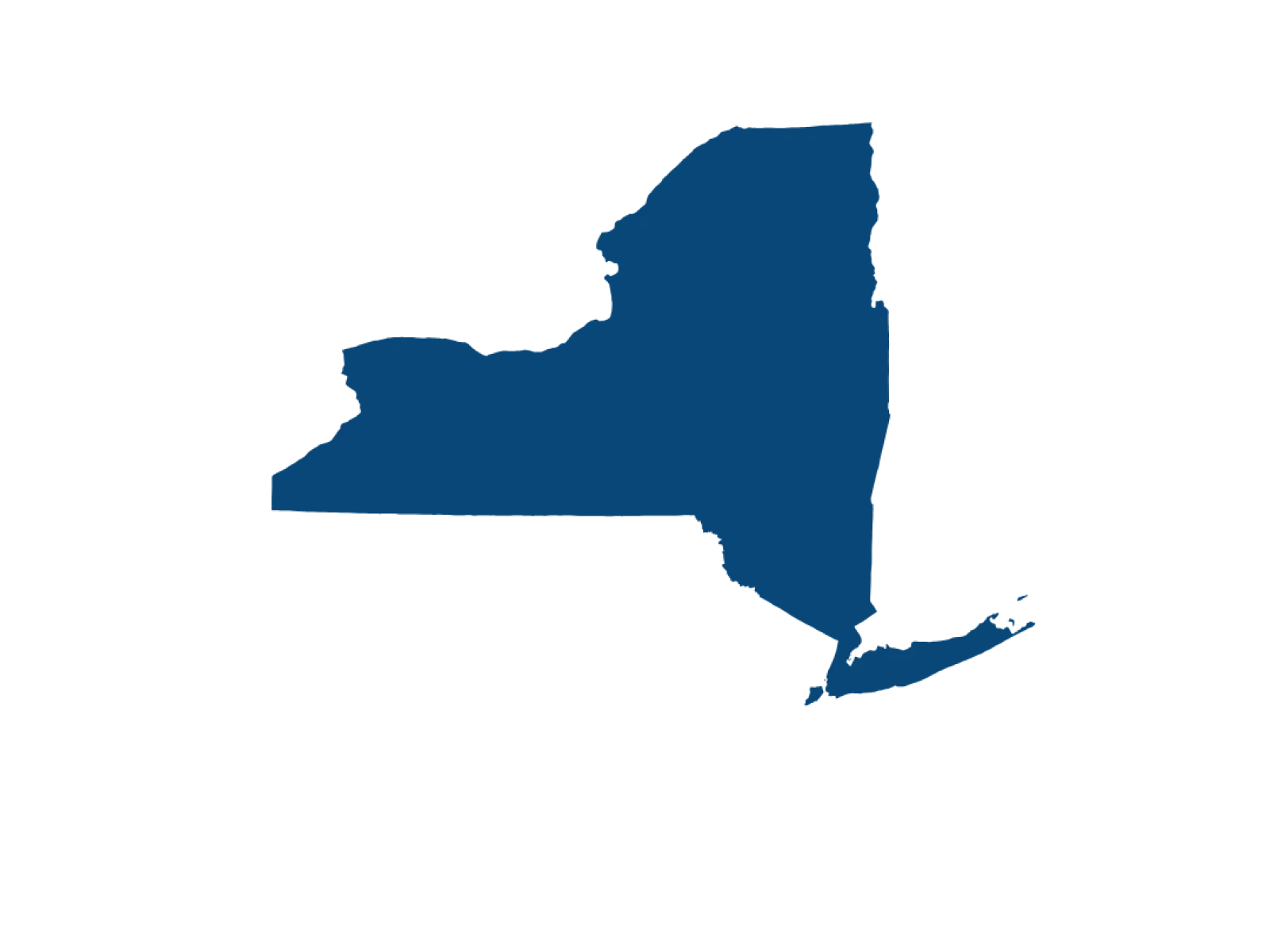Solid blue silhouette map of the state of New York outlining its shape and coastline details