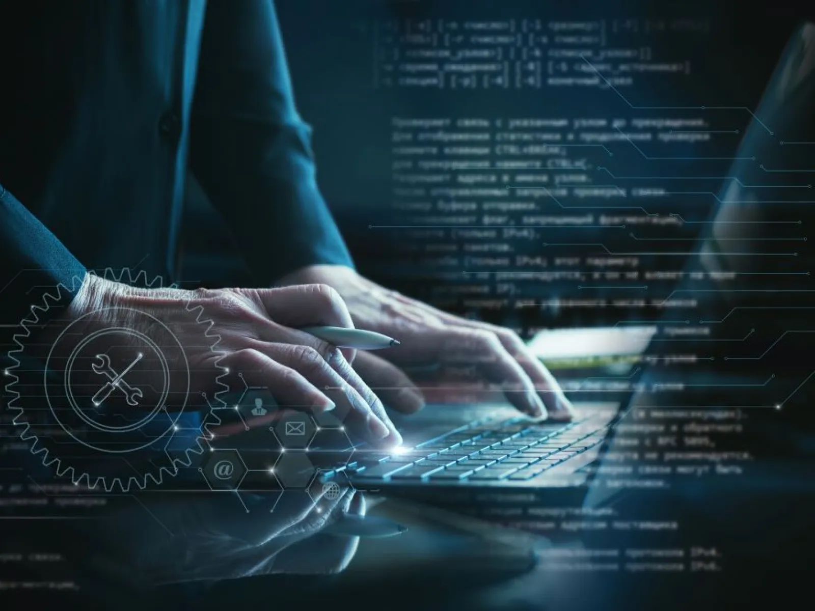 close-up of hands on a keyboard