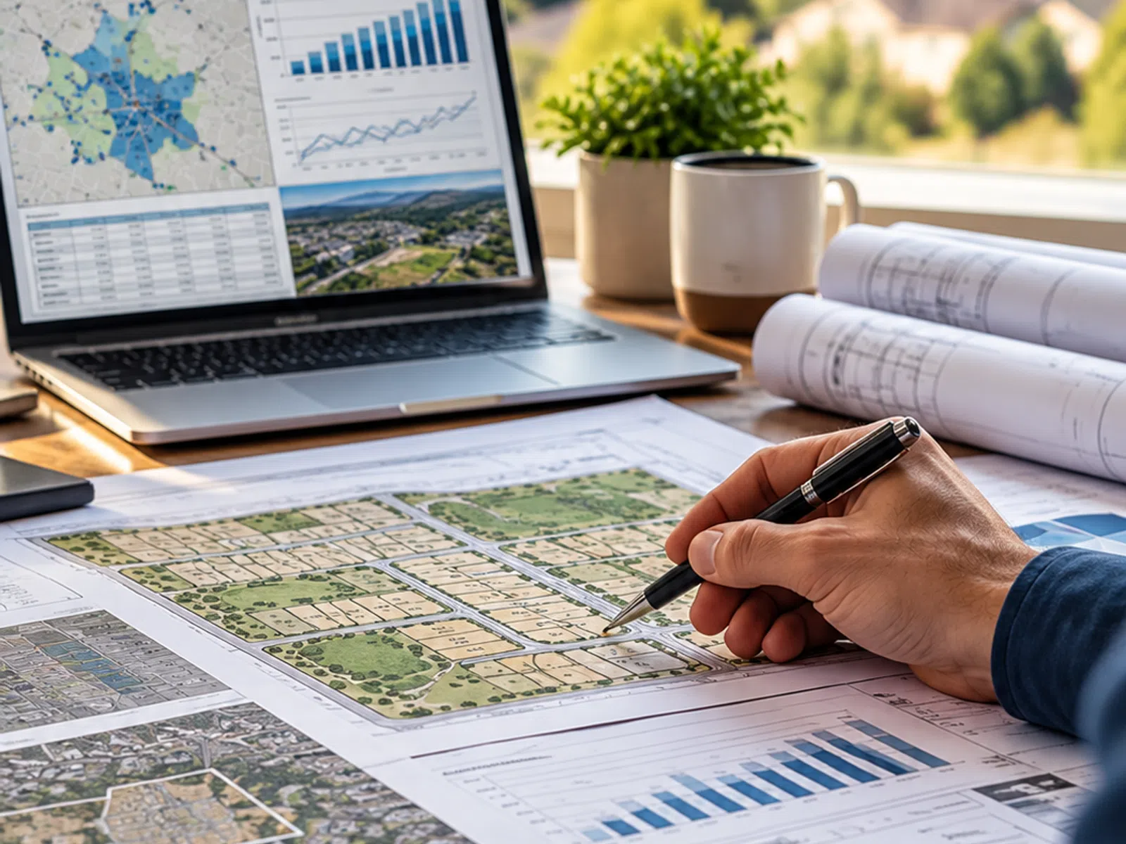 Person working on urban planning with maps, charts, and graphs on a desk near a laptop by a window.