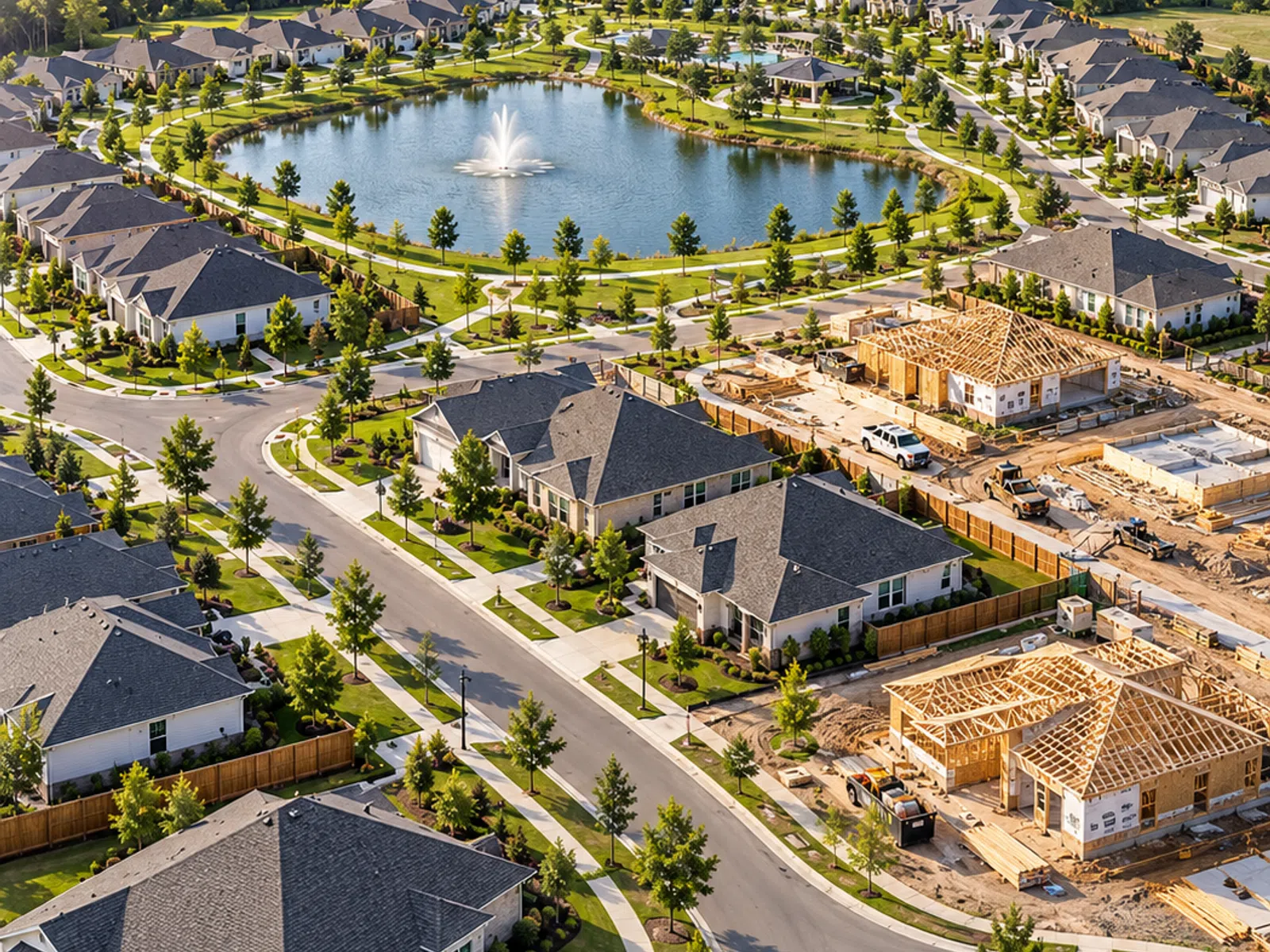Aerial view of suburban neighborhood with houses, pond, fountain, and new construction under clear sky.