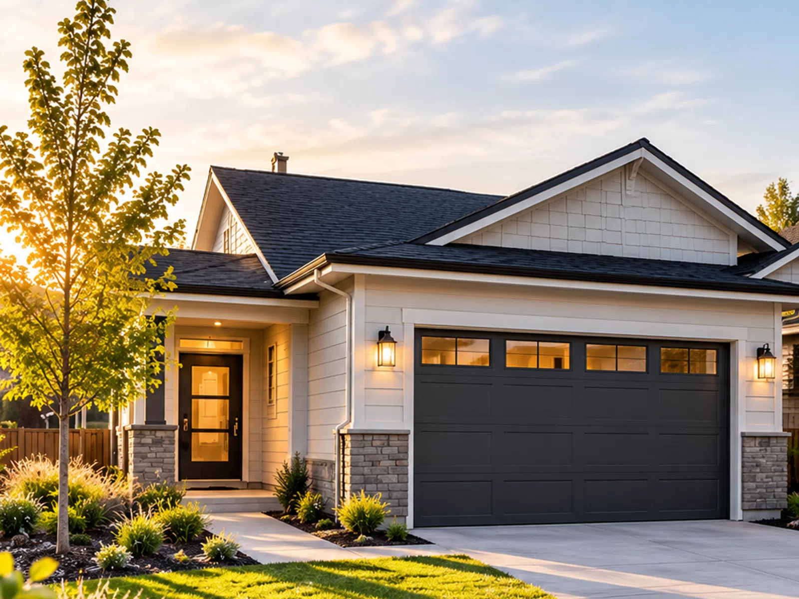 Modern suburban house with gray garage door, landscaped lawn, and architectural plans on a table at sunset.