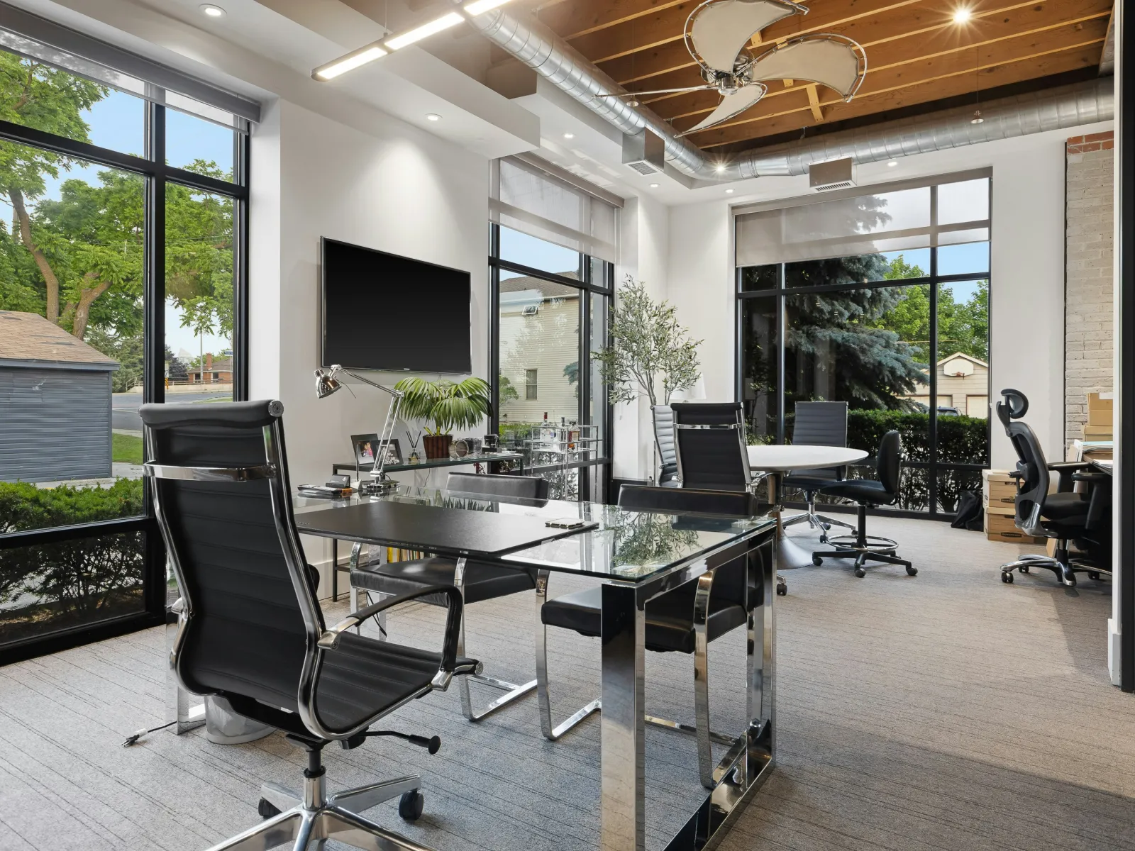 a room with a table and chairs