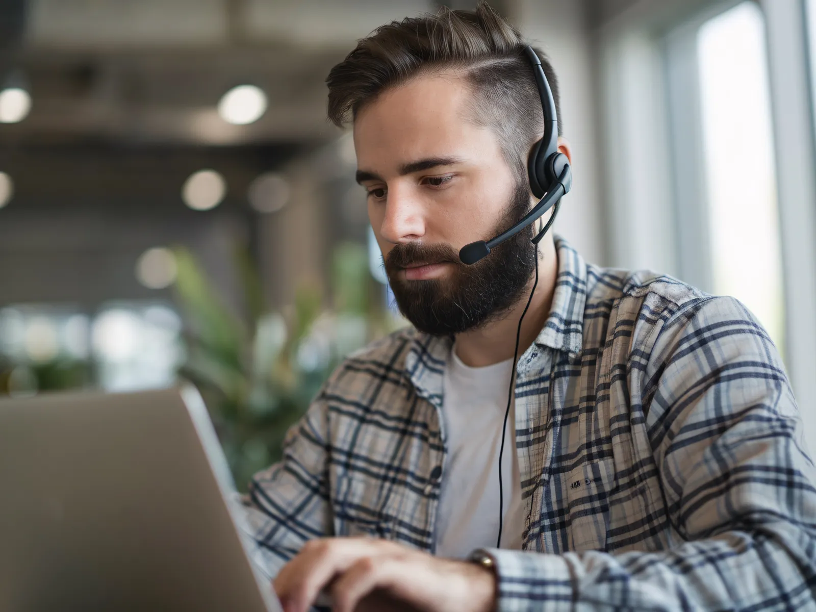 Bearded man wearing a headset working on a laptop in a modern office with blurred background.