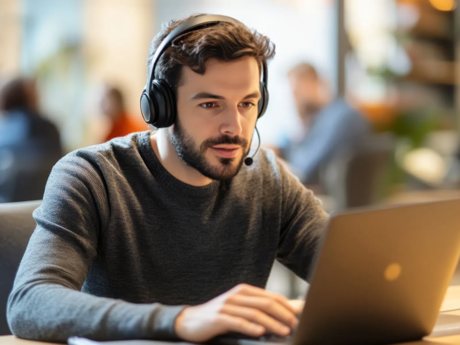 Young man wearing headset working on laptop in modern office environment with blurred background.
