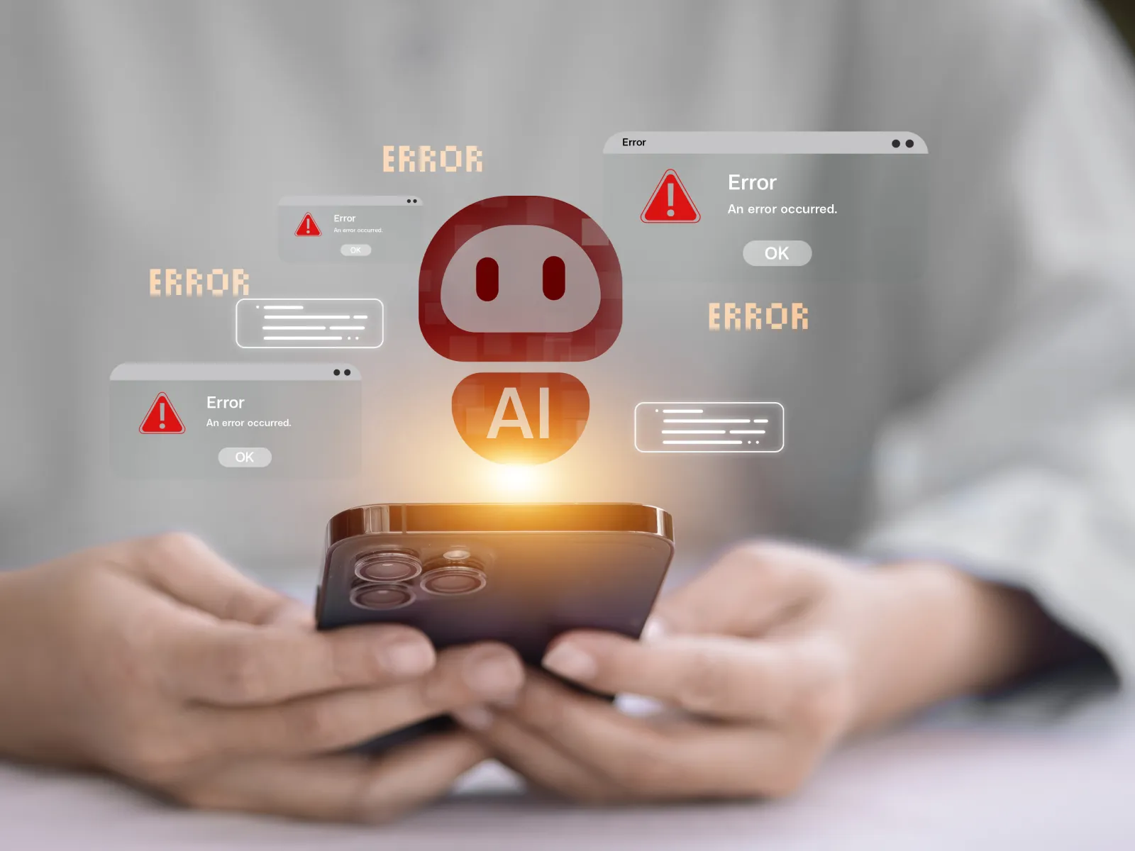 Person holding smartphone with AI error messages and warning icons floating above the device.