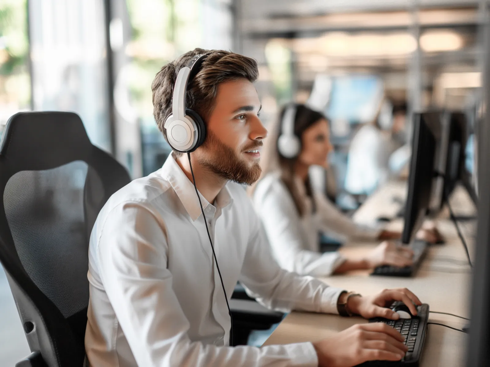 Man and woman wearing headphones working on computers in a modern office environment with natural lighting