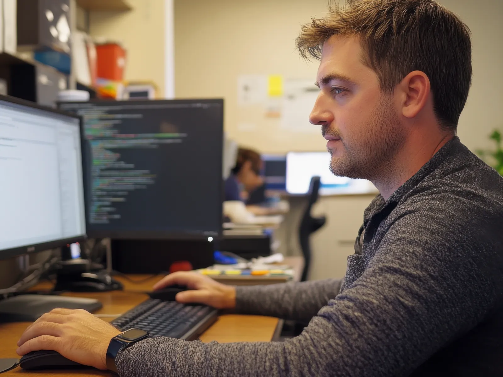 Man focused on coding at his dual monitors in a modern office workspace with other employees in the background