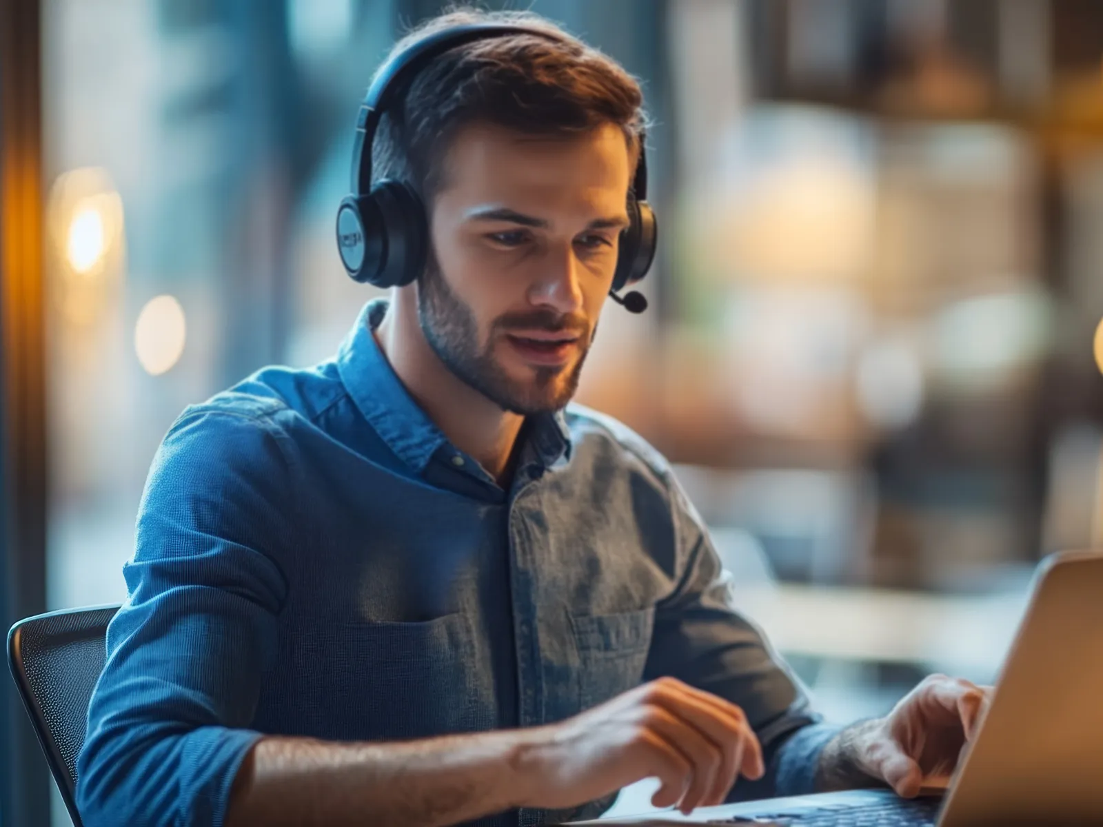 Young man wearing headphones working on a laptop in a cozy modern office with warm lighting