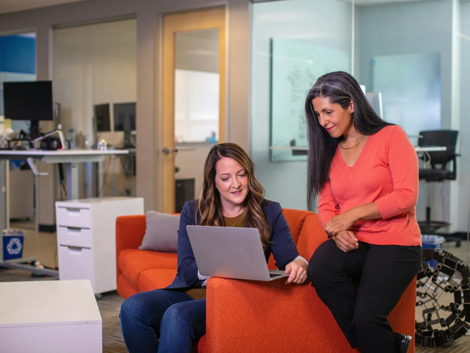 a couple of women sitting on a couch looking at a laptop