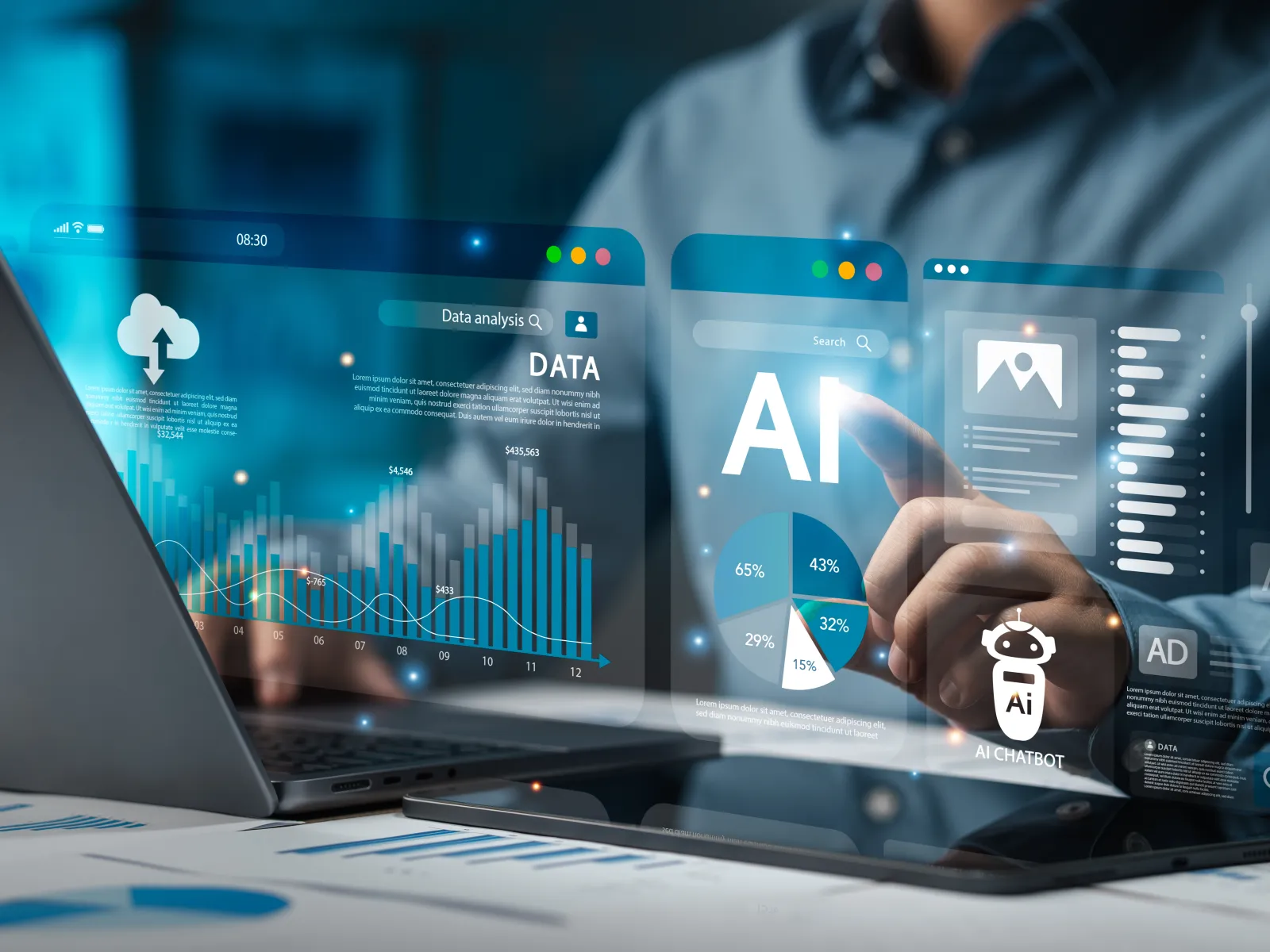 Person interacting with AI and data analysis holographic screens above laptop and tablet on desk.