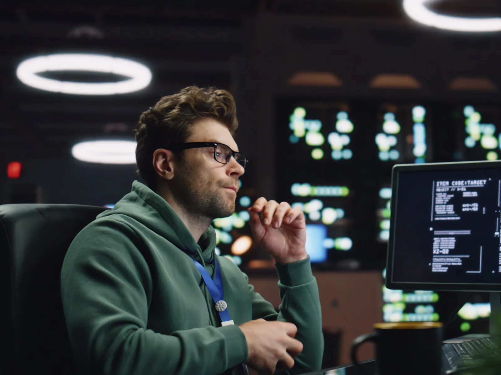 Man in green hoodie analyzing code on computer screens in a dimly lit tech workspace with circular ceiling lights.