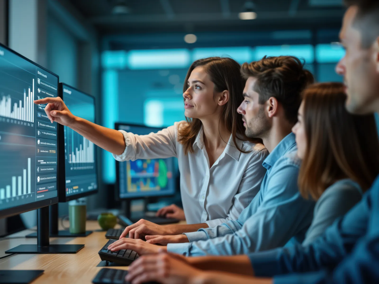 Team of professionals analyzing data charts on screens in a modern office, focusing on business strategy and growth.