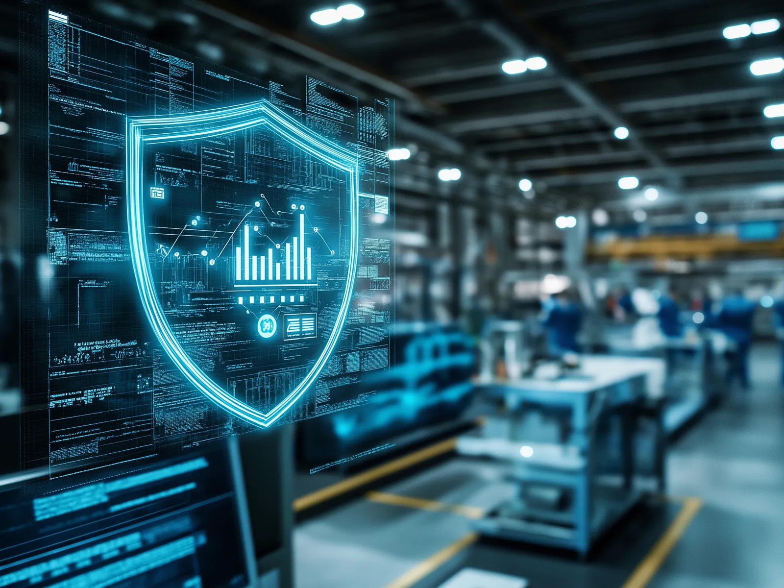 Blue digital shield with data charts overlaying a blurred industrial factory background symbolizing cybersecurity.
