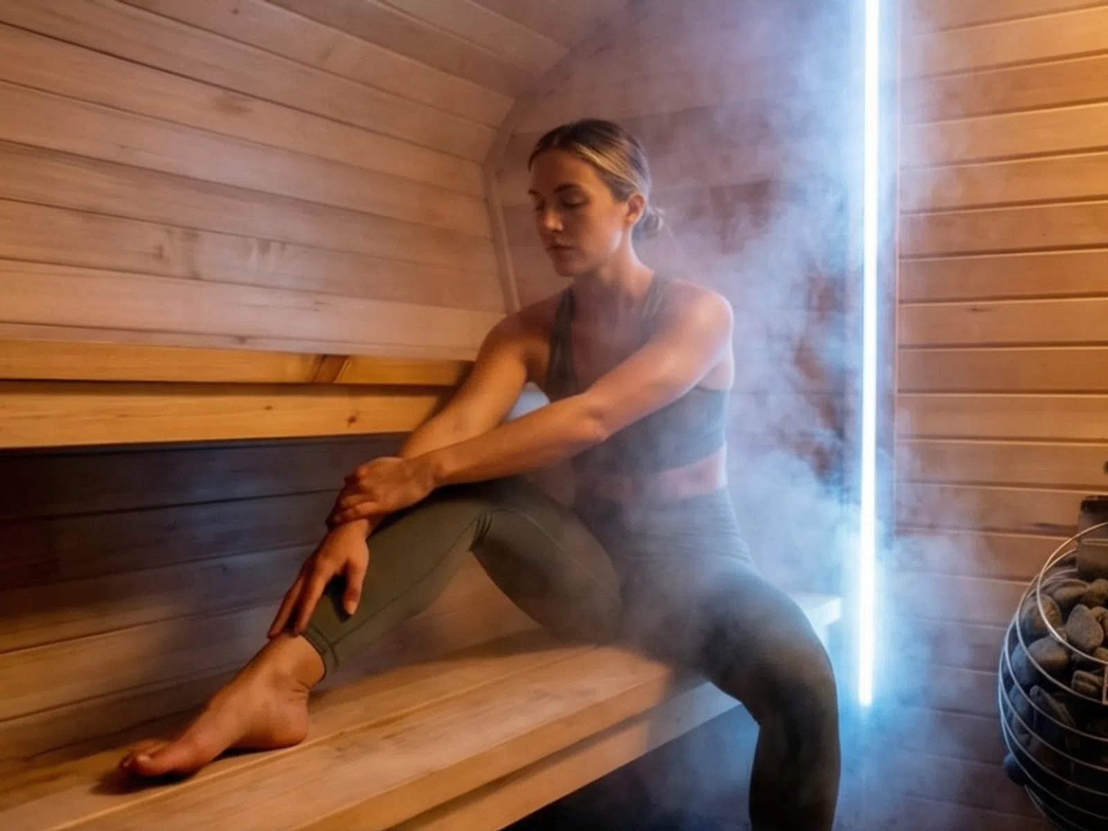 Woman relaxing in a wooden sauna surrounded by steam, wearing workout clothes and sitting on a bench.