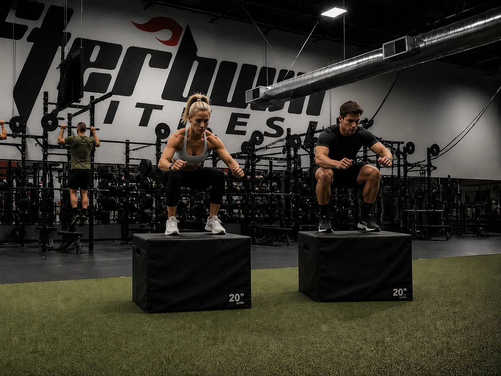 Two athletes performing box jumps in a gym with others using pull-up bars and a large Afterburn Fitness sign.