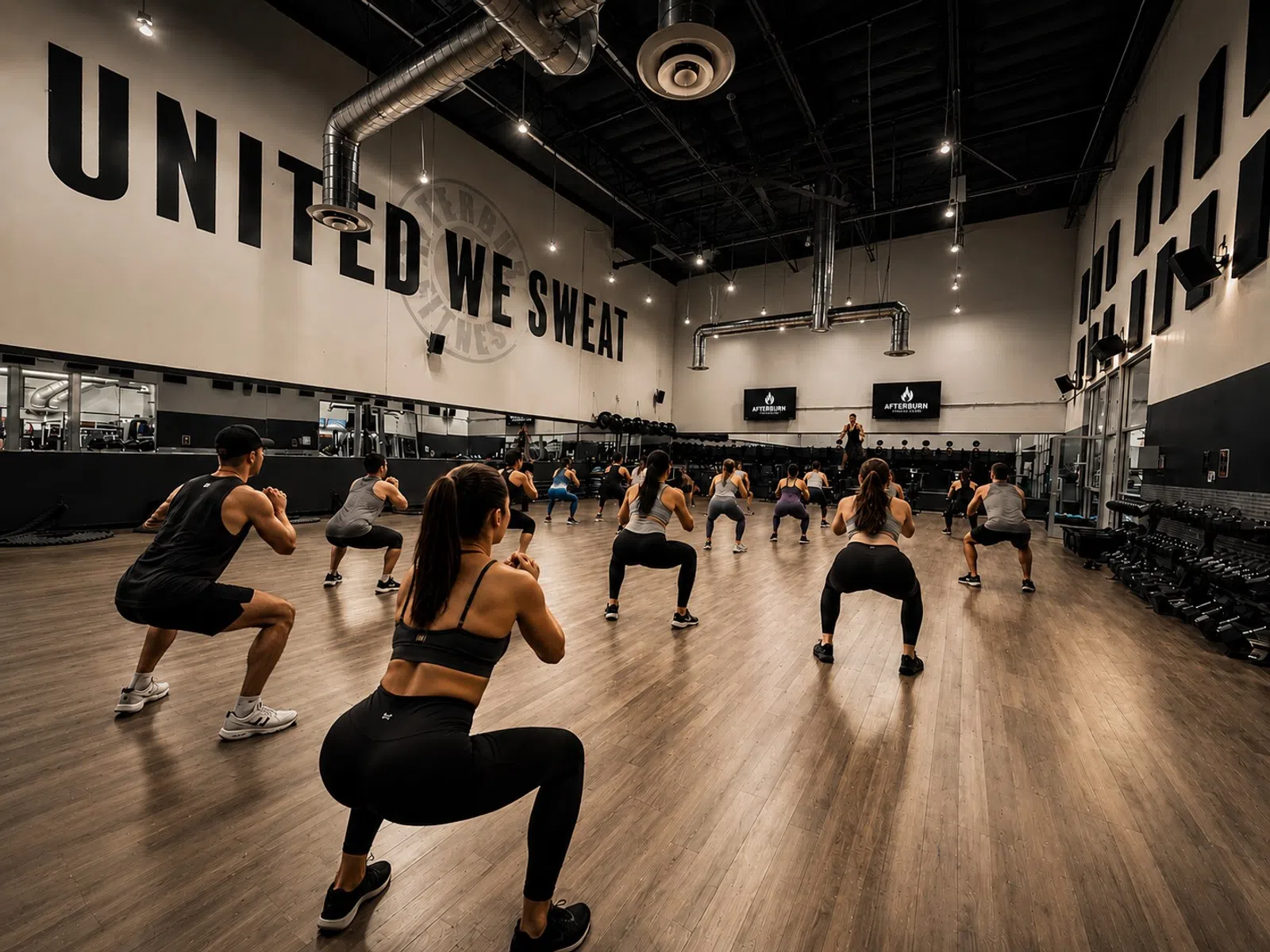 Group fitness class in a spacious gym performing squats under the slogan United We Sweat on the wall.