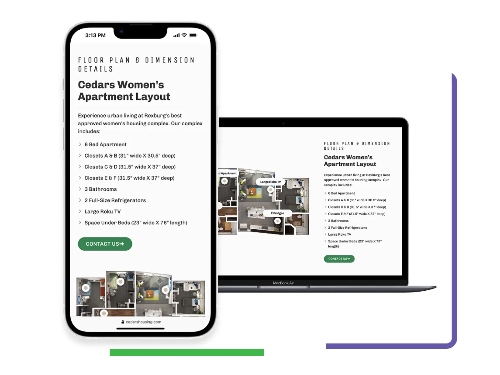 Mobile and laptop display Cedars women's six-bed apartment layout with detailed floor plan and housing features.