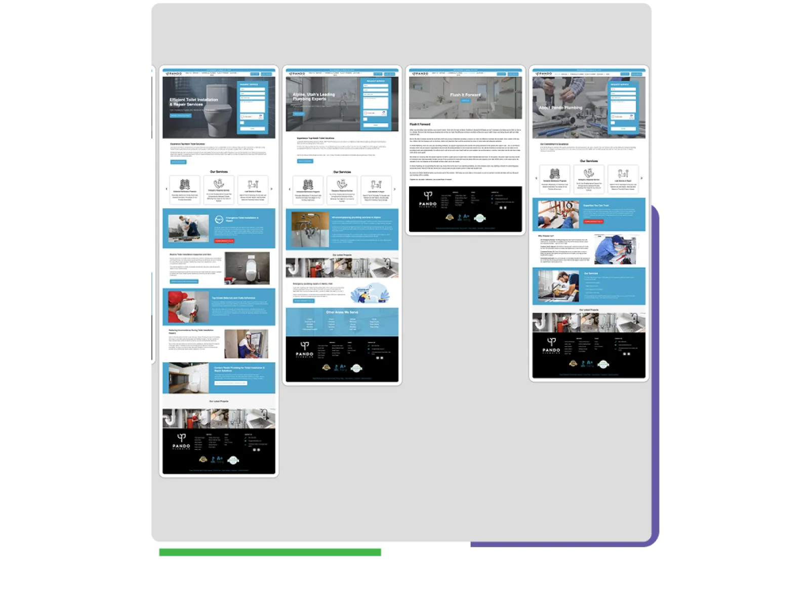 Four webpage designs showcasing plumbing services, repair options, customer support, and contact forms in blue and white theme.