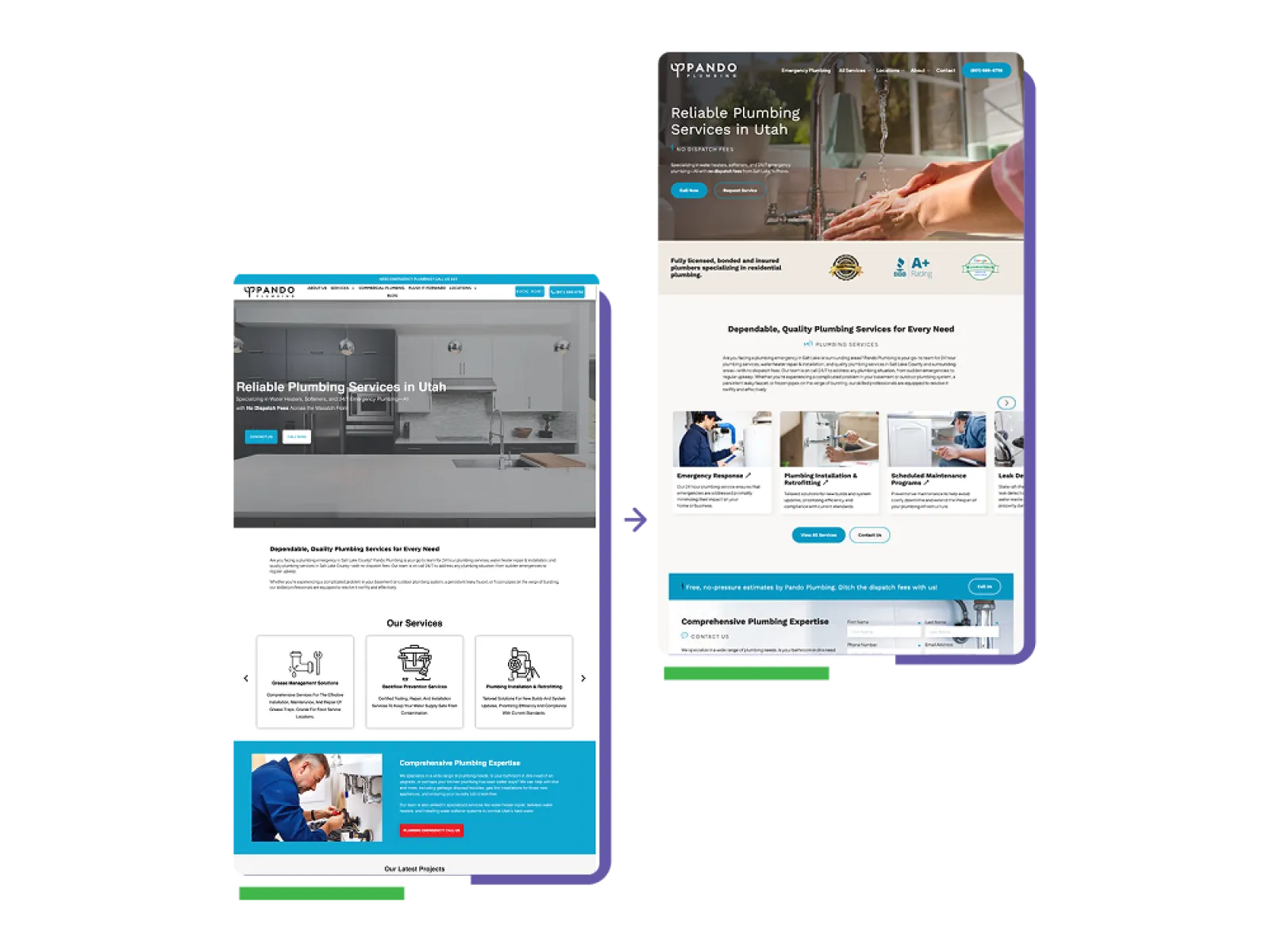 Two responsive website designs showcasing reliable plumbing services and expert technicians in Utah.