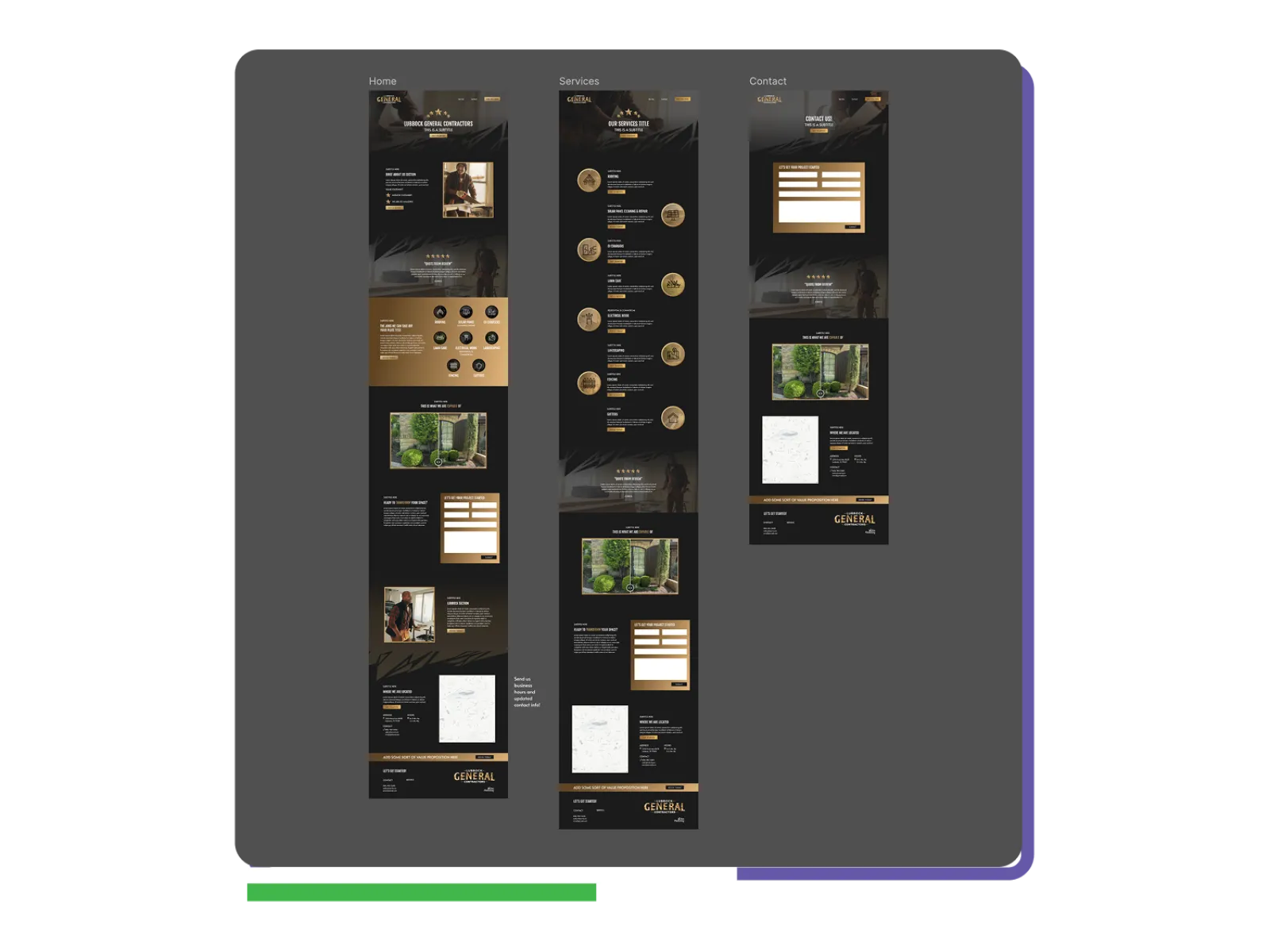 Website layout showing home, services, and contact pages with dark theme, gold accents, images, and contact forms.