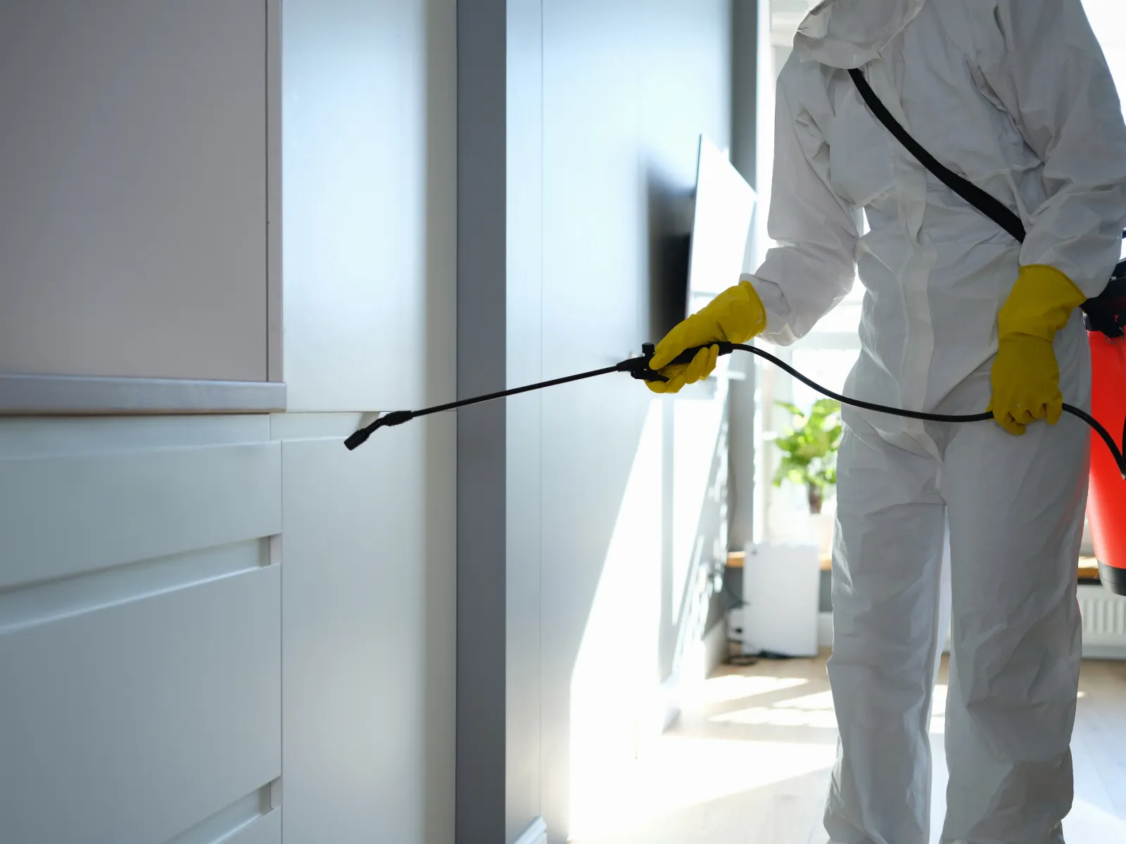 Person in protective suit and gloves spraying disinfectant inside modern home interior for sanitation.