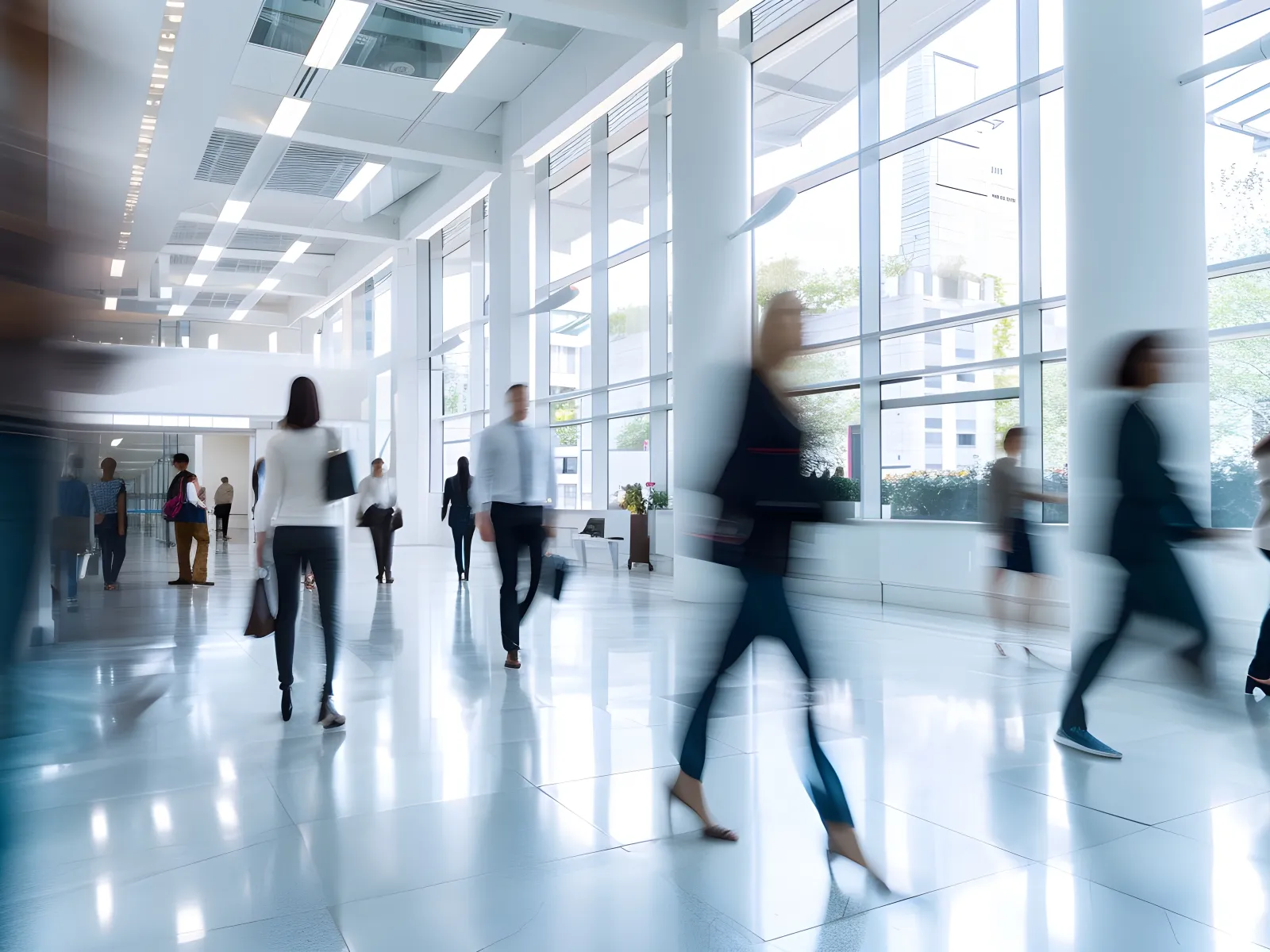 a group of people walking in a large room