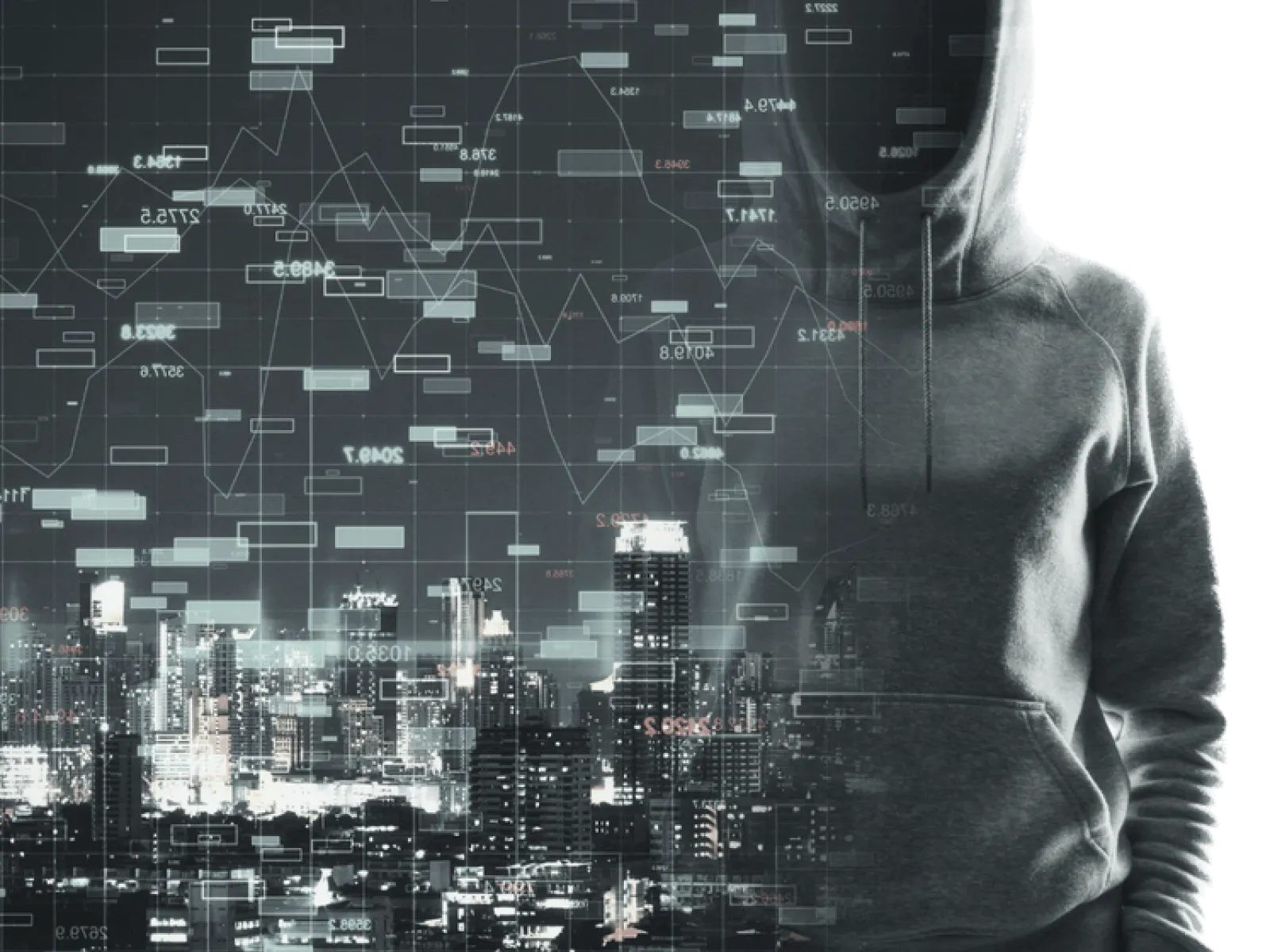 a woman's back with a city in the background