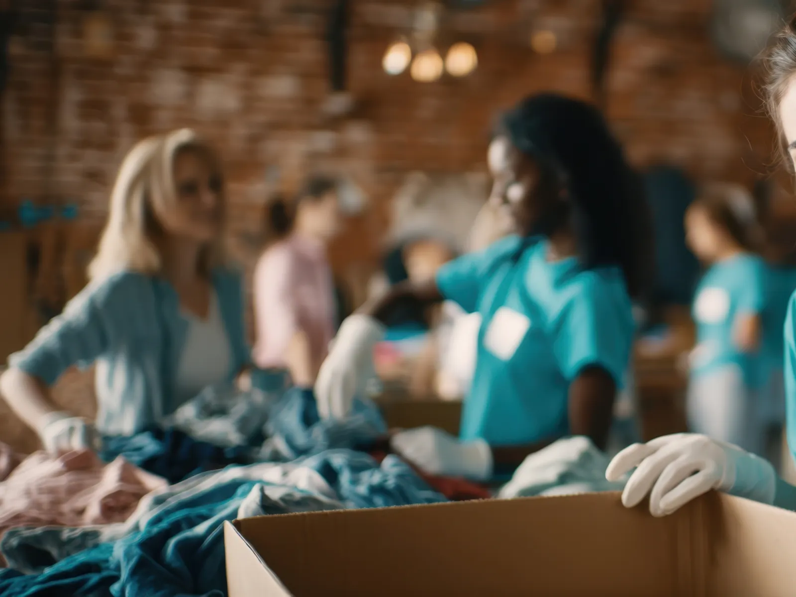 Volunteers in teal shirts sorting and packing clothes in a warehouse for charity or donation purposes.