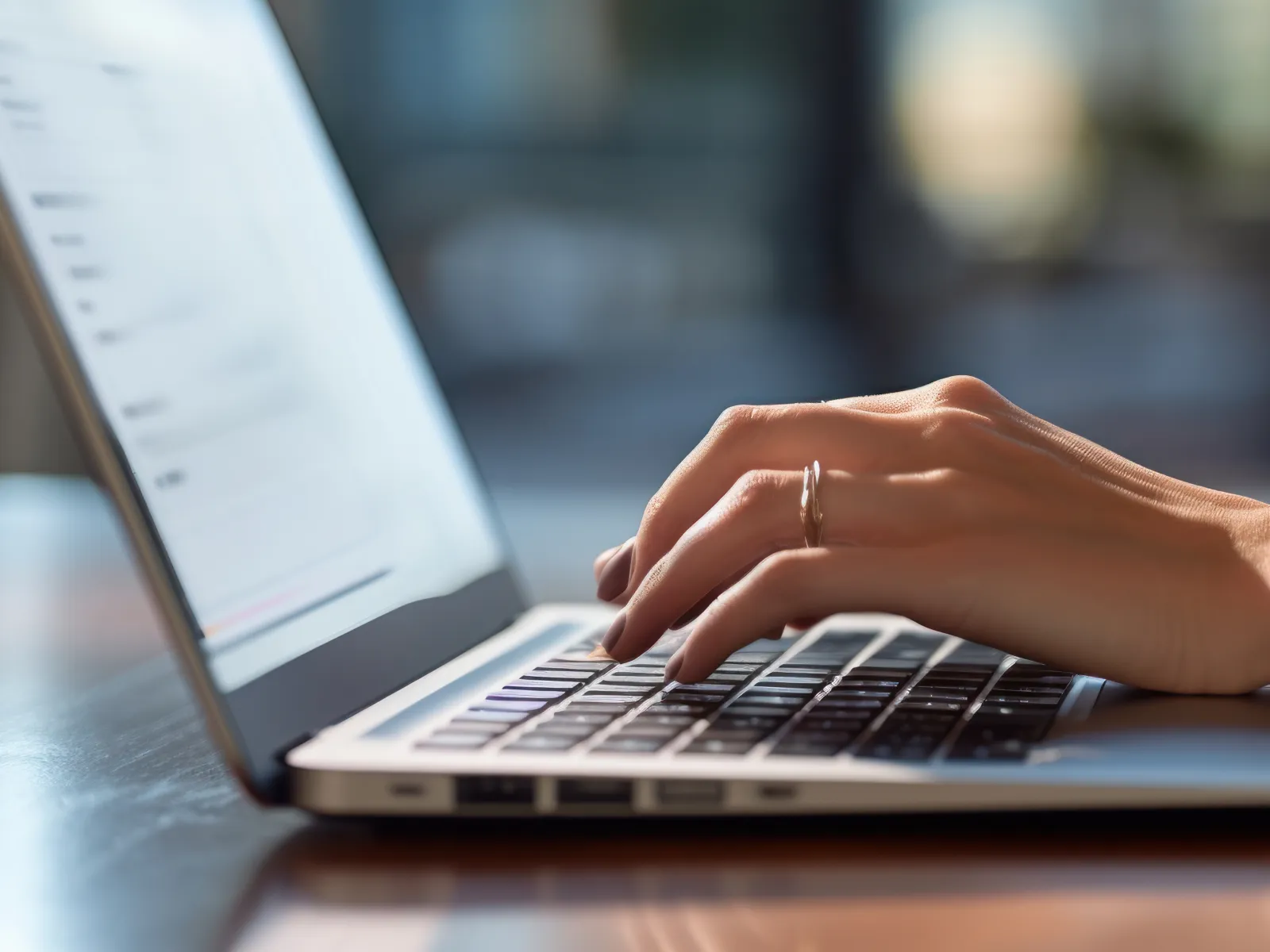 Close-up of a person typing on a laptop keyboard in a well-lit workspace environment.