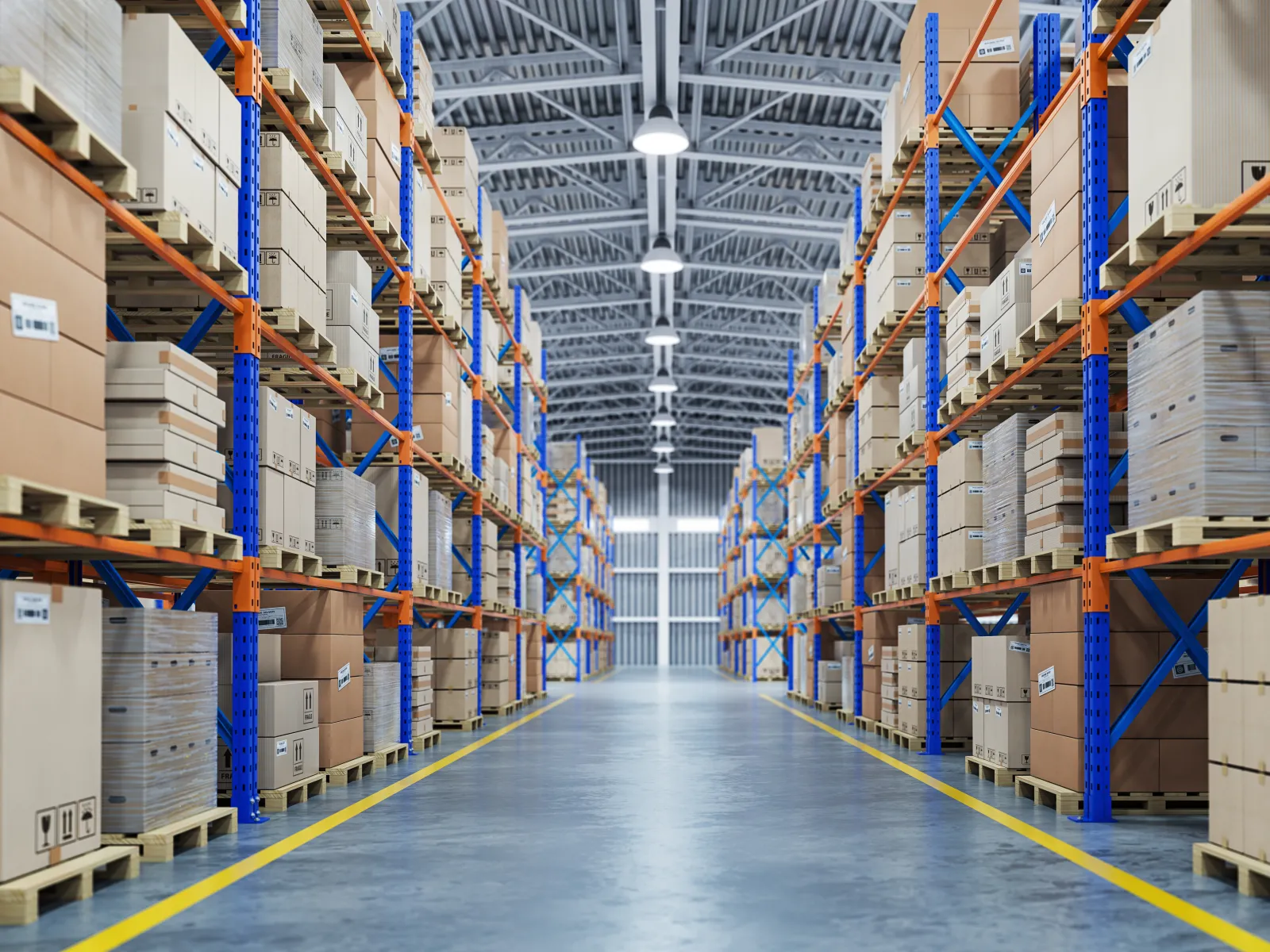 Wide aisle in a large warehouse filled with stacked cardboard boxes on metal shelves for storage and shipping