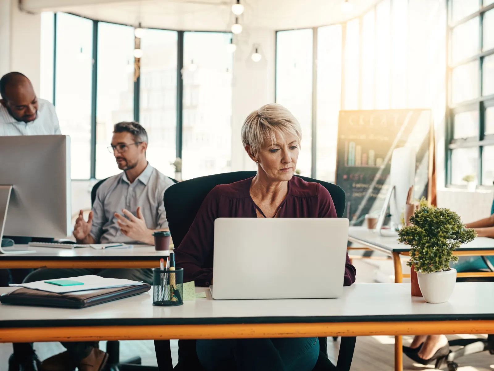 Professional businesswoman working on laptop in modern office with coworkers collaborating in background