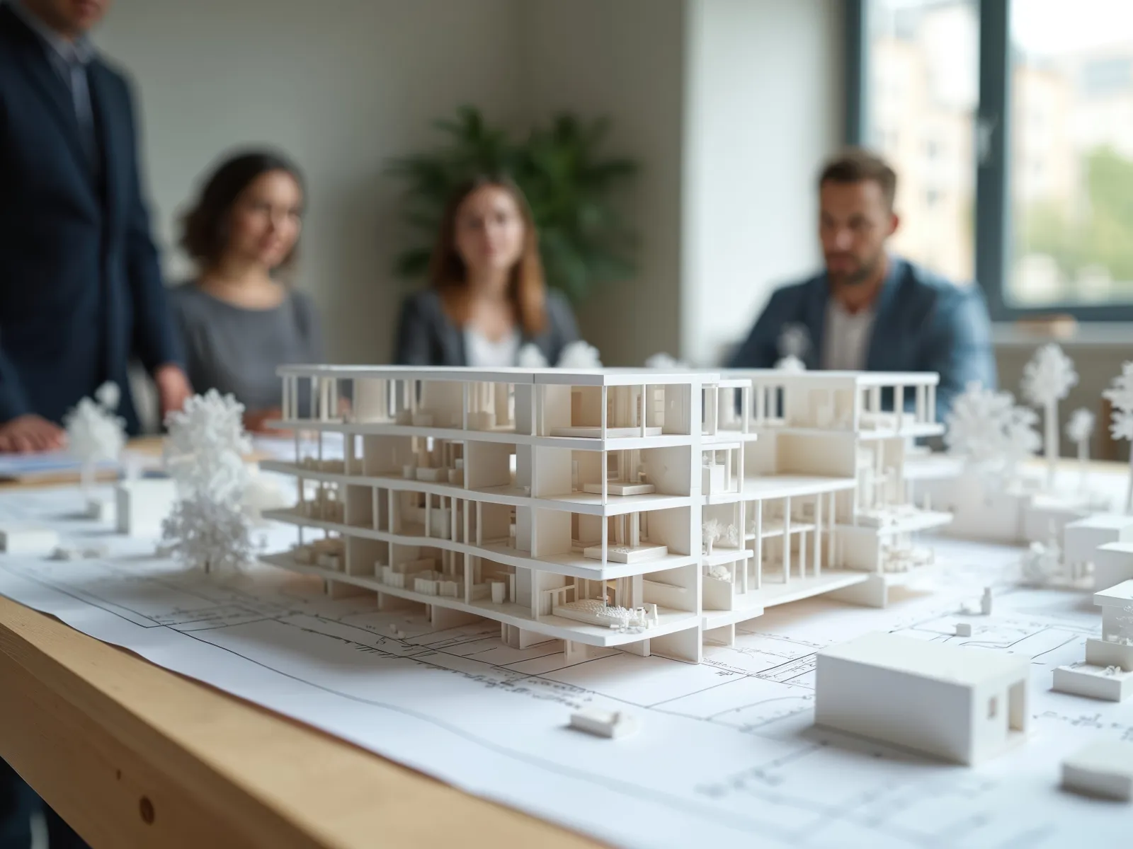 Architectural team discussing a white 3D building model and blueprints on a wooden table in an office.