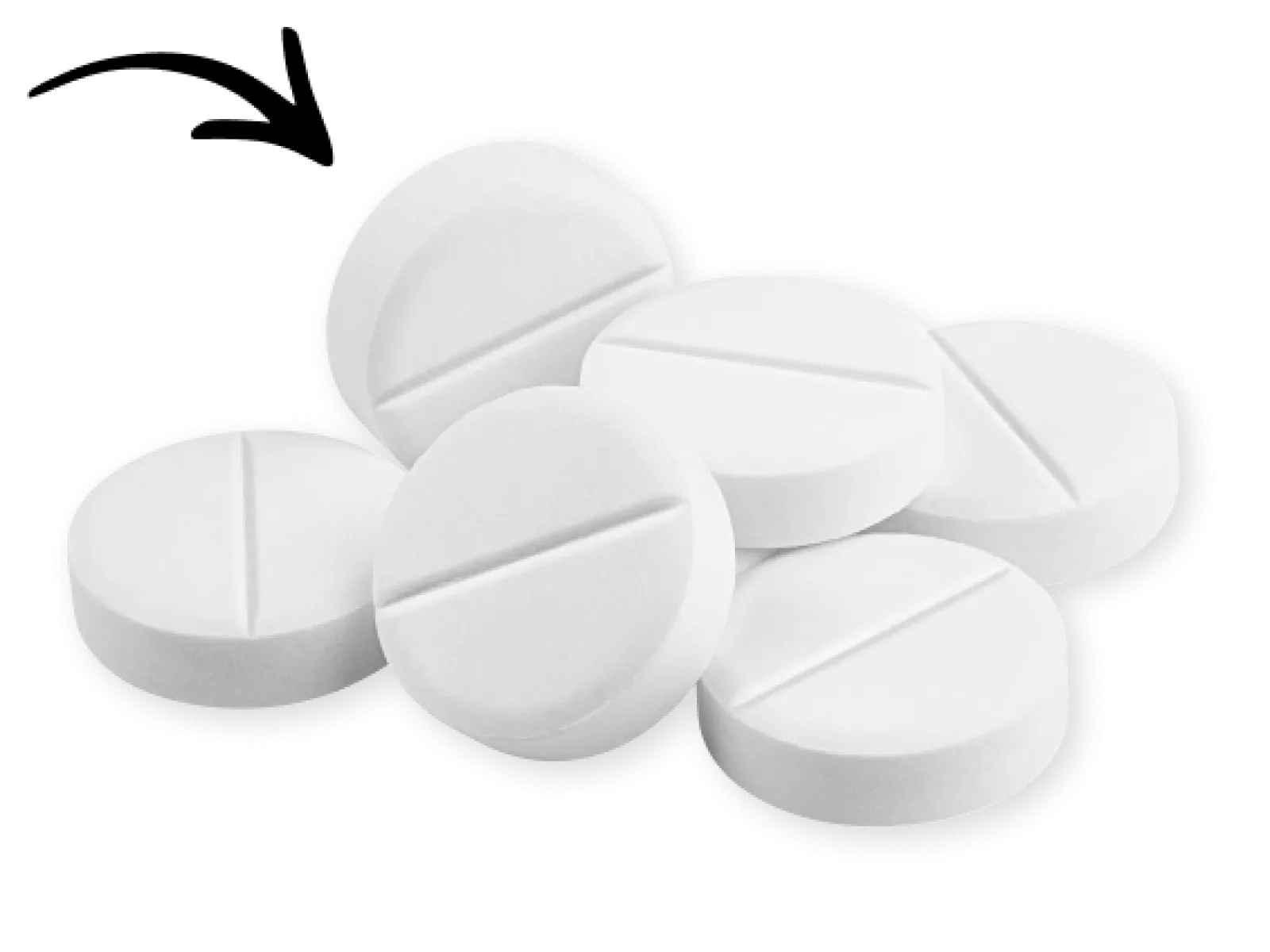 Close-up of six round white tablets with a scored line on a black background, arranged in a scattered pile.