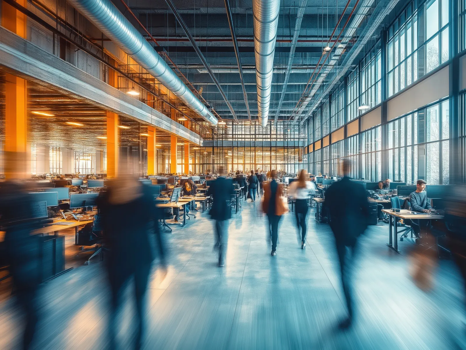 Busy modern office interior with people walking and working at desks in a large open space with high ceilings.